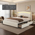 E-Motie Queen Bed Frame with Wingback Headboard, Upholstered Platform Bed with RGB LED Lights, Charging Station, 4 Storage Drawers & Metal Slat Support, No Box Spring Needed, White