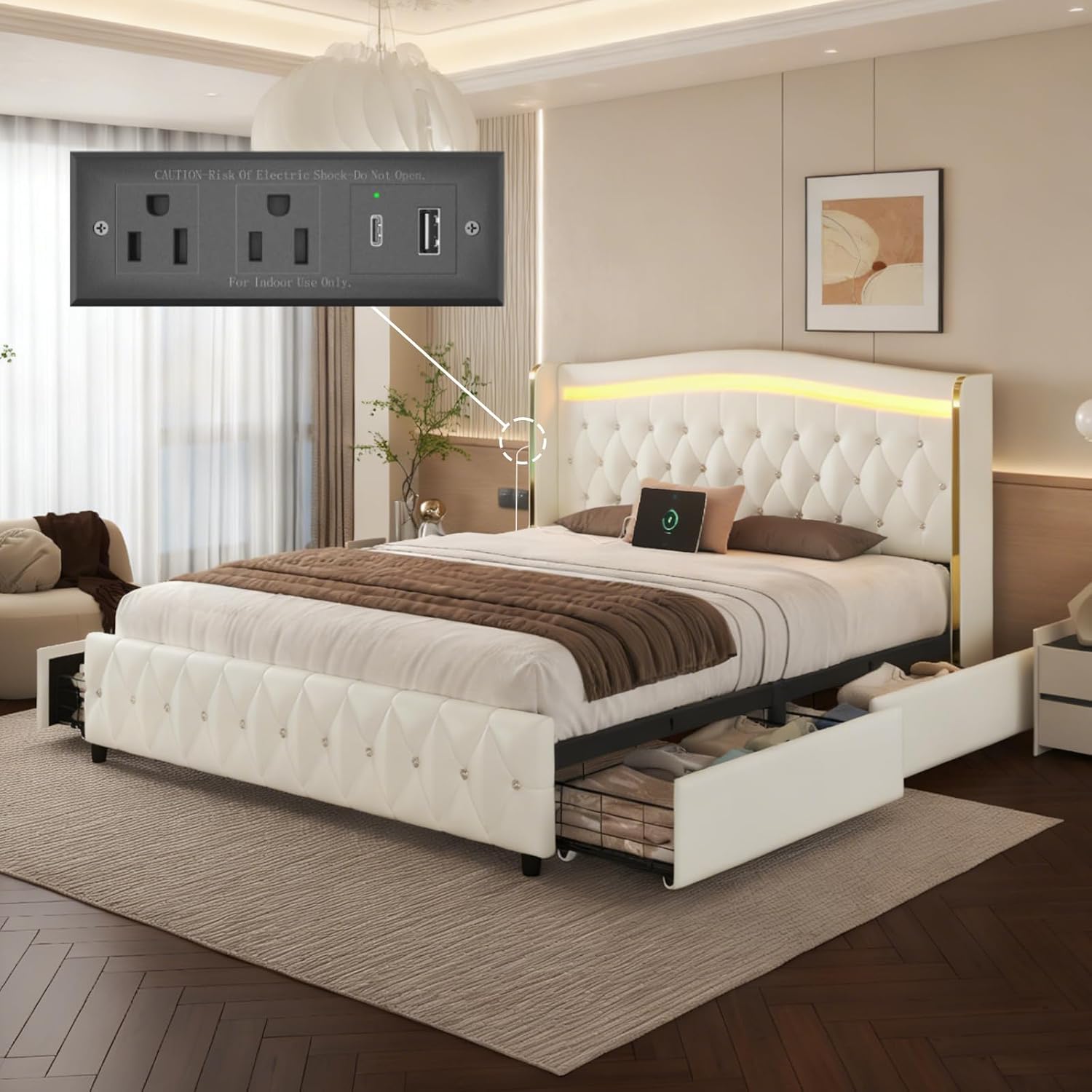 E-Motie Queen Bed Frame with Wingback Headboard, Upholstered Platform Bed with RGB LED Lights, Charging Station, 4 Storage Drawers & Metal Slat Support, No Box Spring Needed, White