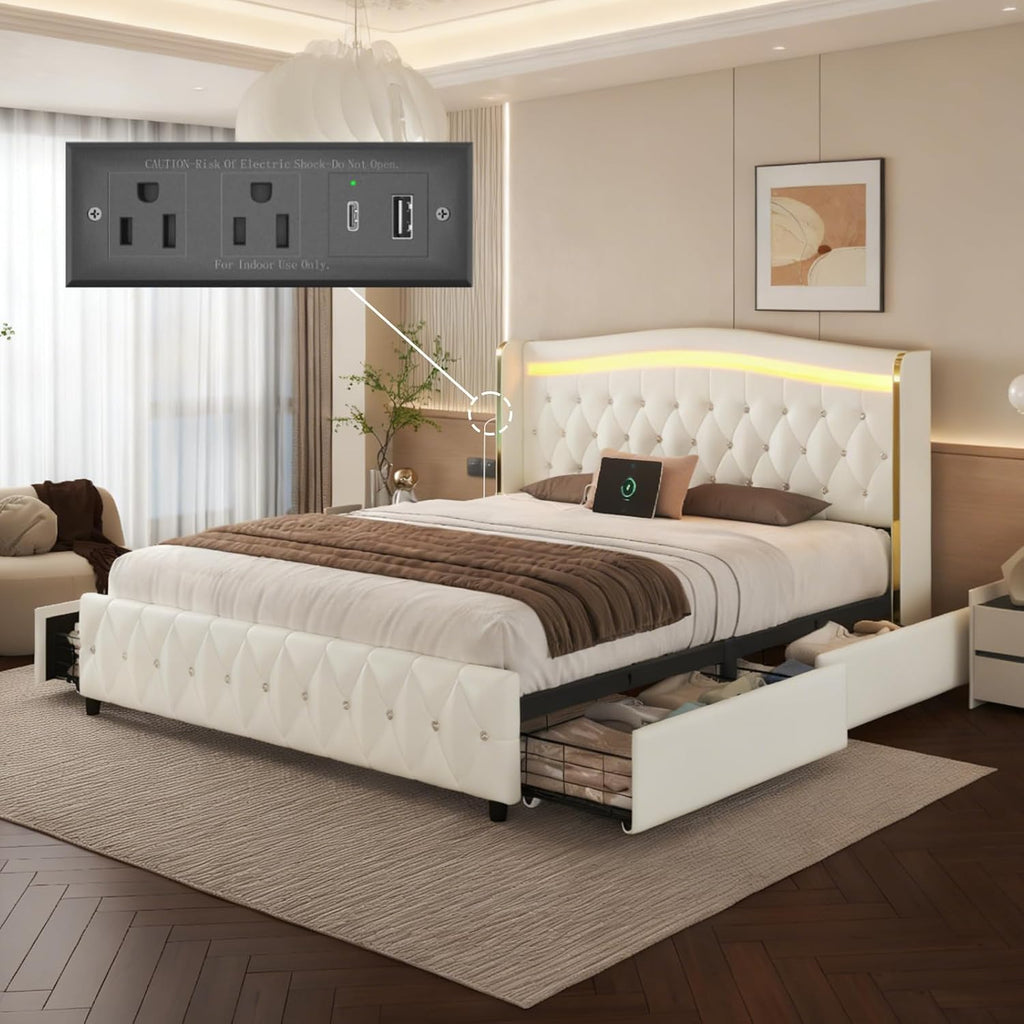 E-Motie Full Size Bed Frame with Wingback Headboard, Upholstered Platform Bed with RGB LED Lights, Charging Station, 4 Storage Drawers & Metal Slat Support, No Box Spring Needed, White