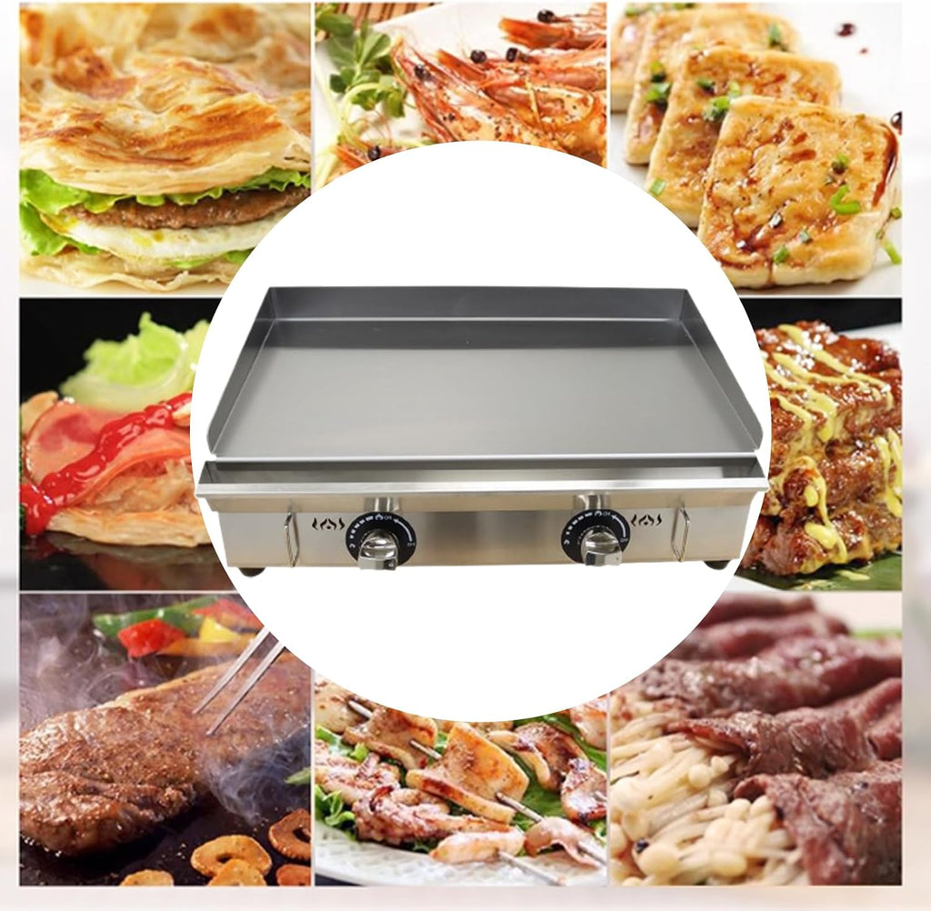 INTBUYING 2 Burners Commercial Flat Top Grill Gas Griddle with Low Pressure Valve 2800Pa Non-Stick Plate Flat Adjustable Temperature for Home Party Camping