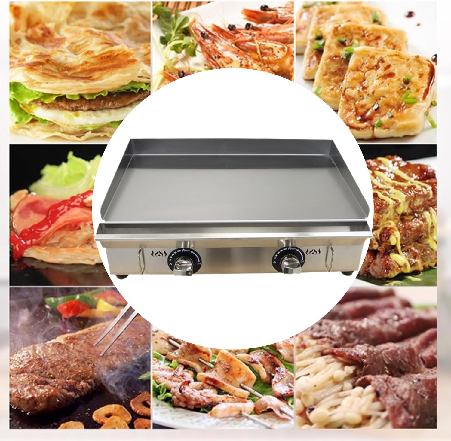 INTBUYING 2 Burners Commercial Flat Top Grill Gas Griddle with Low Pressure Valve 2800Pa Non-Stick Plate Flat Adjustable Temperature for Home Party Camping