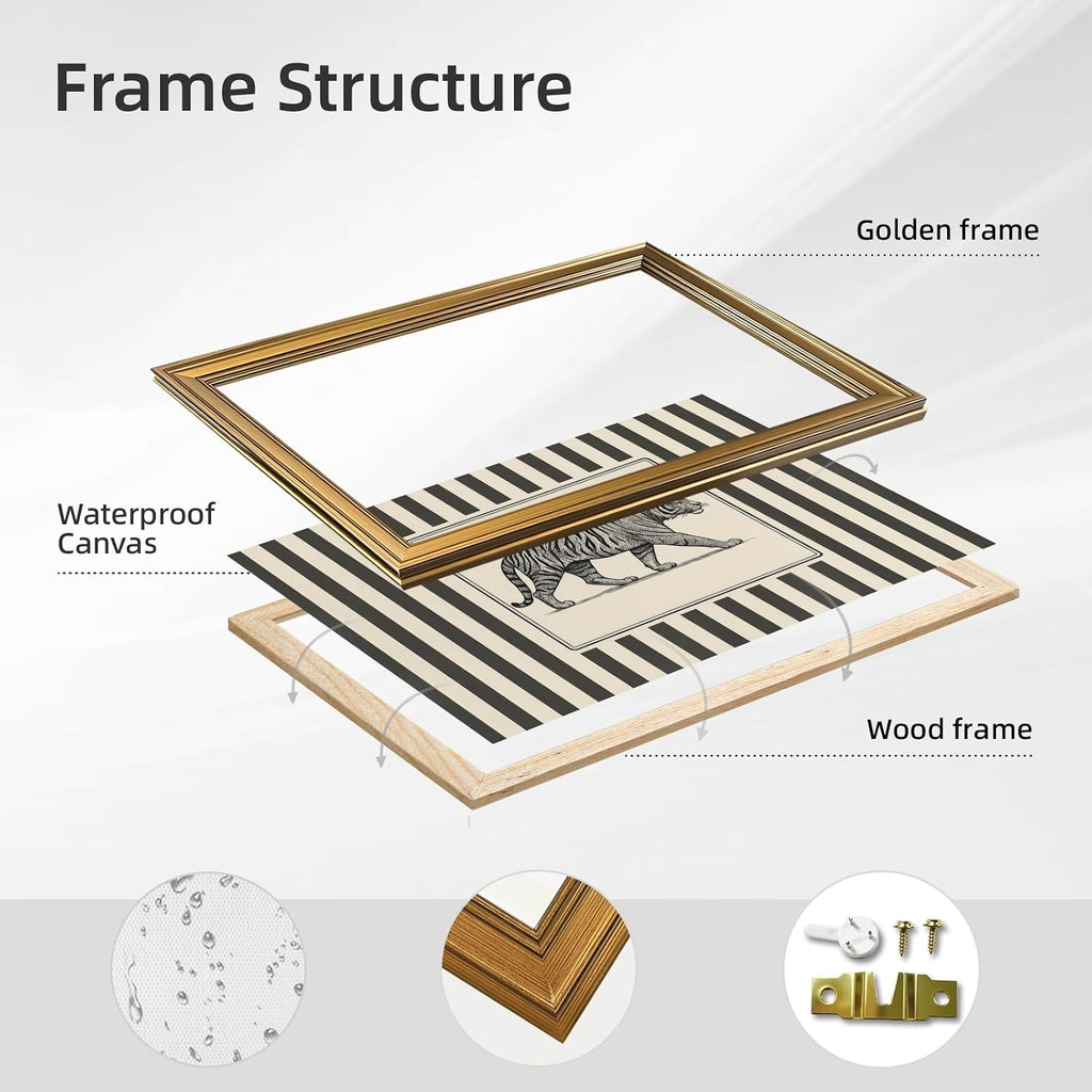 Gold Framed Vintage Tiger Wall Art Black and White Striped Wild Animal Poster Retro Jungle Big Cat Wildlife Canvas Print Botanical Safari Minimalist Exotic Artwork for Home Office Decor 24x36inch