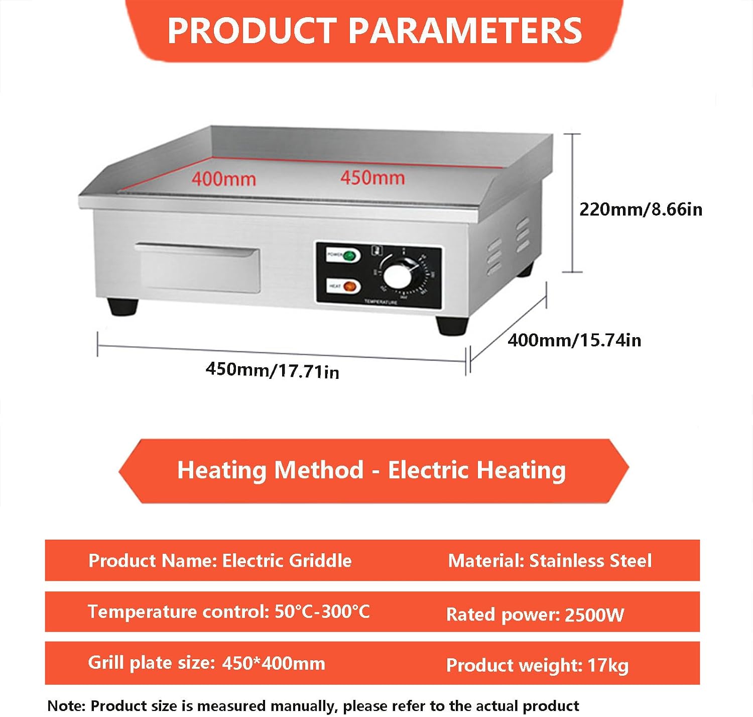 Electric Flat Top Grill Commercial Griddle 50°C-300°C, Stainless Steel Steak Bacon Fryer for Outdoor Camping, with Raised Baffle & Oil Storage Box & Radiating H，2500W