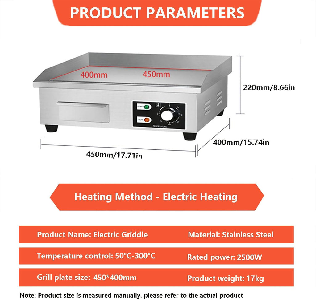 Electric Flat Top Grill Commercial Griddle 50-300℃, Stainless Steel Steak Bacon Fryer For Outdoor Camping, With Raised Baffle & Oil Storage Box & Radiation Hole & Rubber Feet,2500W