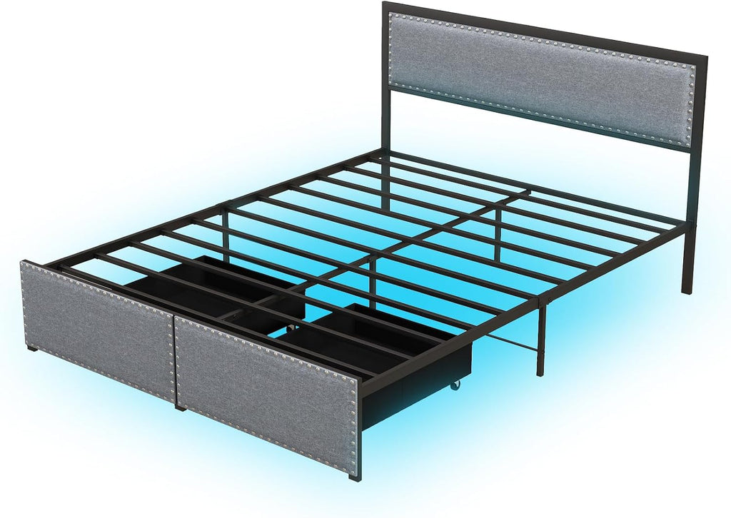 Giantex Queen Bed Frame with LED Lights and 2 Storage Drawers, Upholstered LED Platform Bed with Linen Fabric Headboard, Metal Slats Support, No Box Spring Needed, Light up Bed Frame, Grey