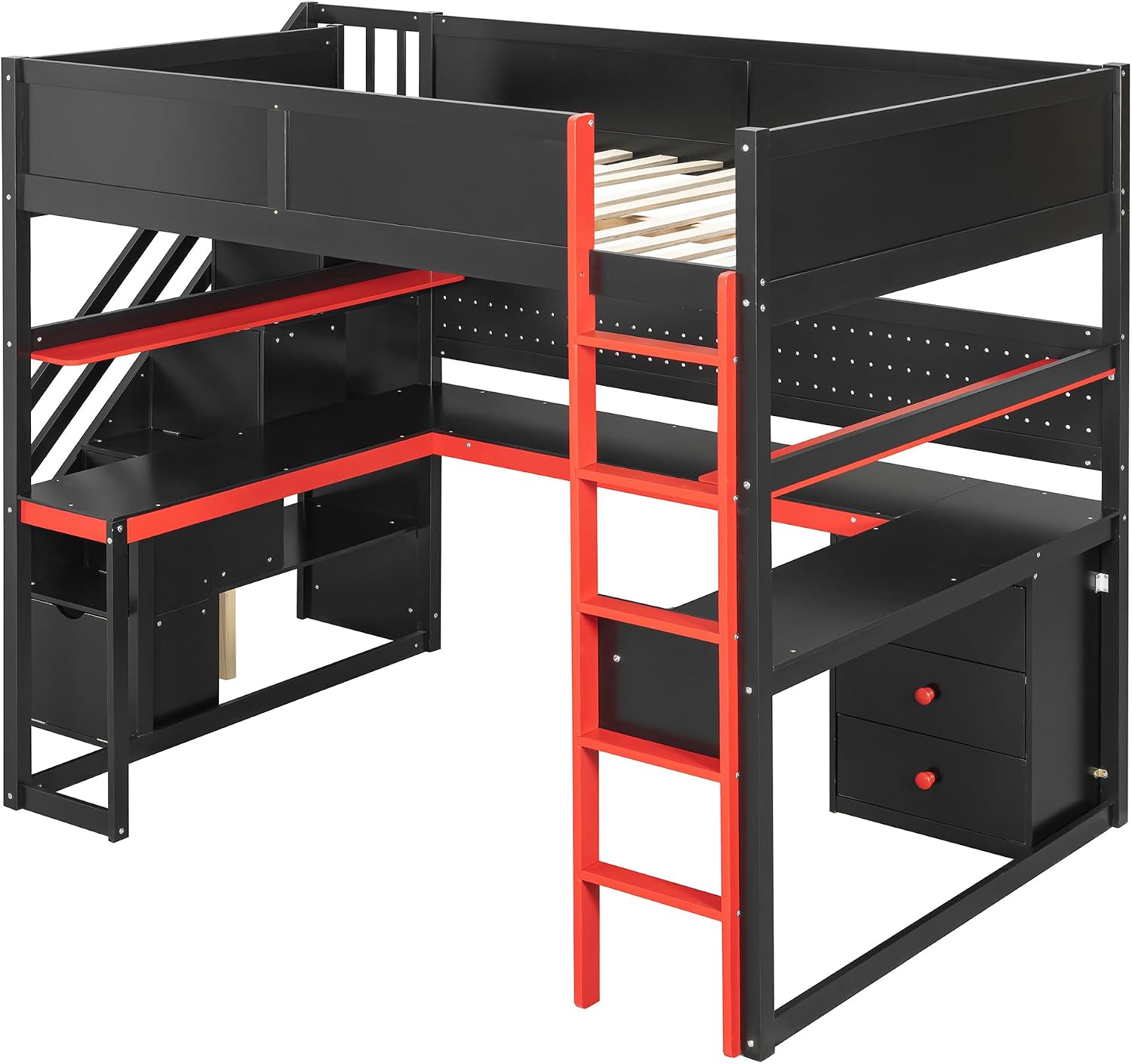 Ball & Cast Gaming Full Size Loft Bed with Storage Stairs,Wood Gamer Loft Bed Frame W/Desk,Shelves and Pegboard,High Loft Bed W/Full-Length Guardrail,Bedroom Furniture for Student Dorms,Black+Red