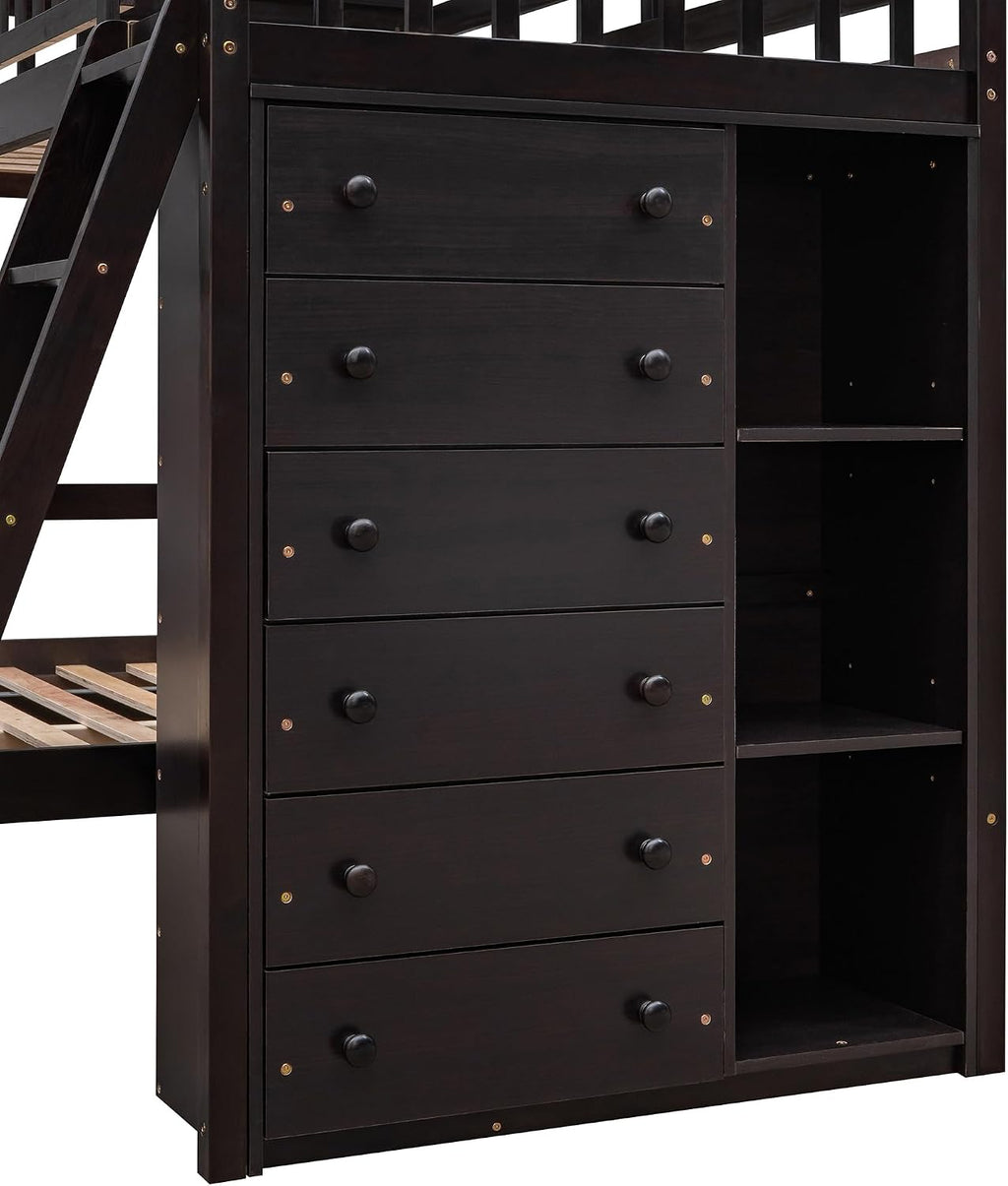 Ball & Cast Wooden Twin Over Full Bunk Bed with 6 Drawers & Flexible Shelves,Bottom Bedframe W/Wheel,Easy Assembly,Space Saving,Versatile Storage Furniture for Boy Girl Teen Compact Bedroom,Espresso