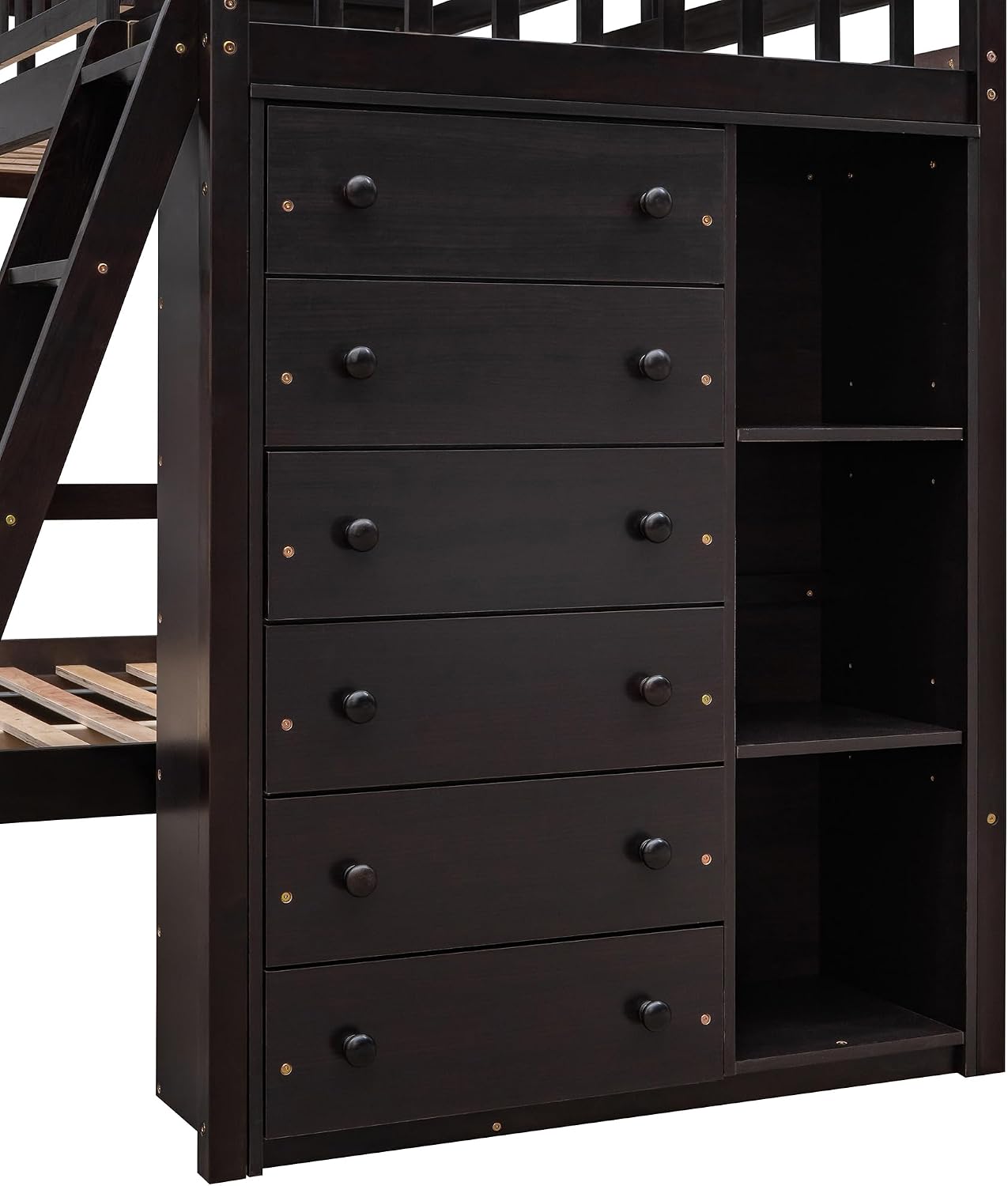 Ball & Cast Wooden Twin Over Full Bunk Bed with 6 Drawers & Flexible Shelves,Bottom Bedframe W/Wheel,Easy Assembly,Space Saving,Versatile Storage Furniture for Boy Girl Teen Compact Bedroom,Espresso