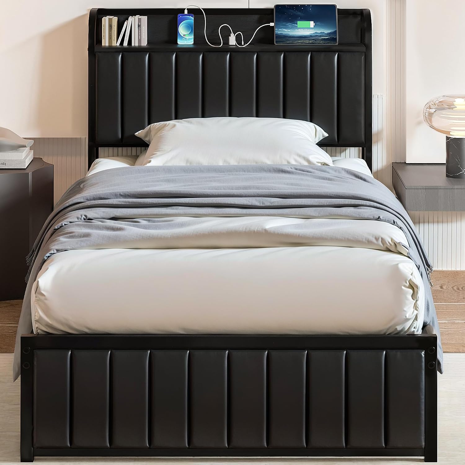 VECELO Twin Bed Frame, Storage Upholstered Headboard with Charging Station, Platform Bedframe, Heavy Duty Metal Slats, No Box Spring Needed, Noise-Free, Easy Assembly, Dark Black