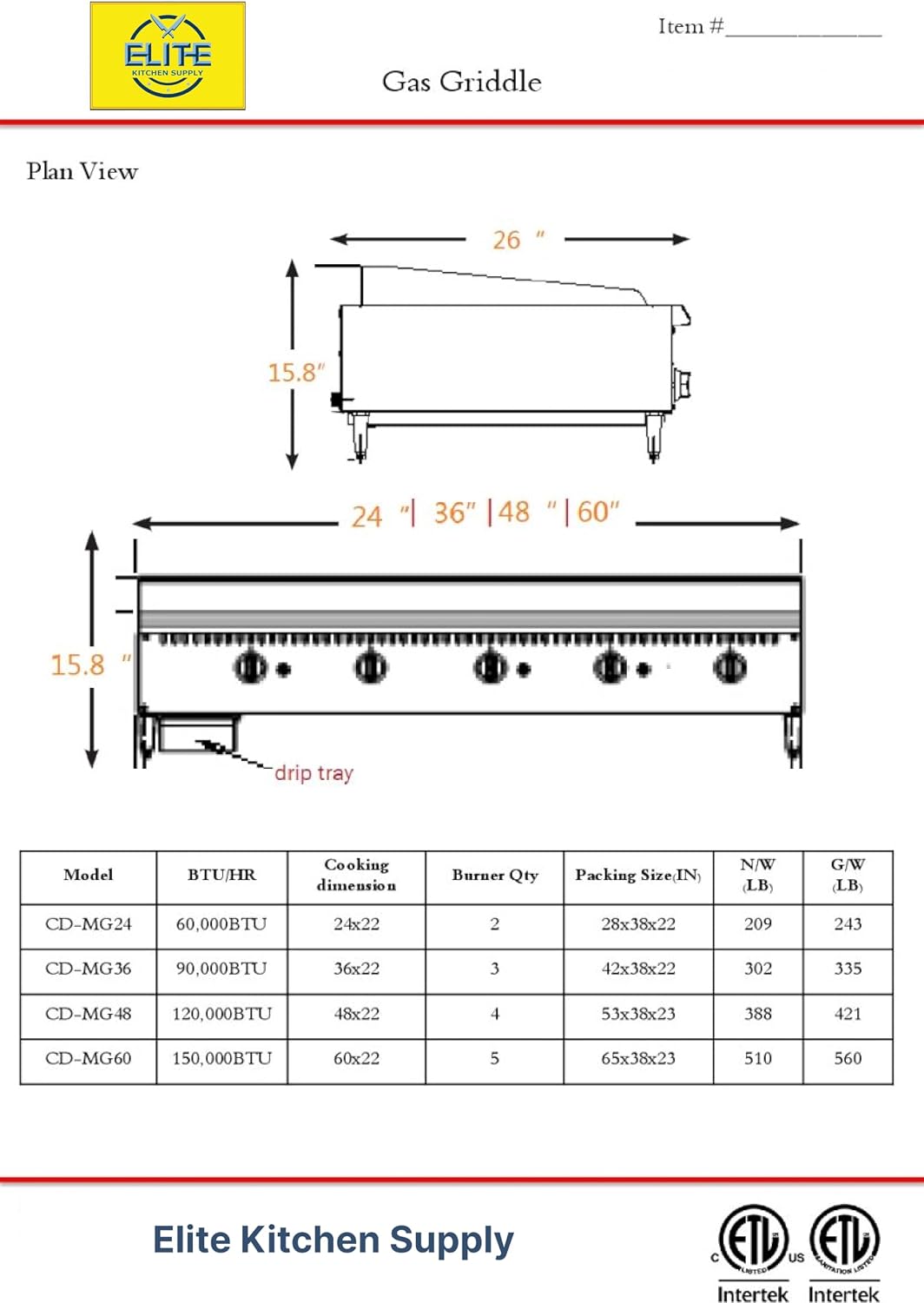 Commercial Gas Griddle, ETL Flat Top Grill Stove Propane LP Natural Gas, 24'