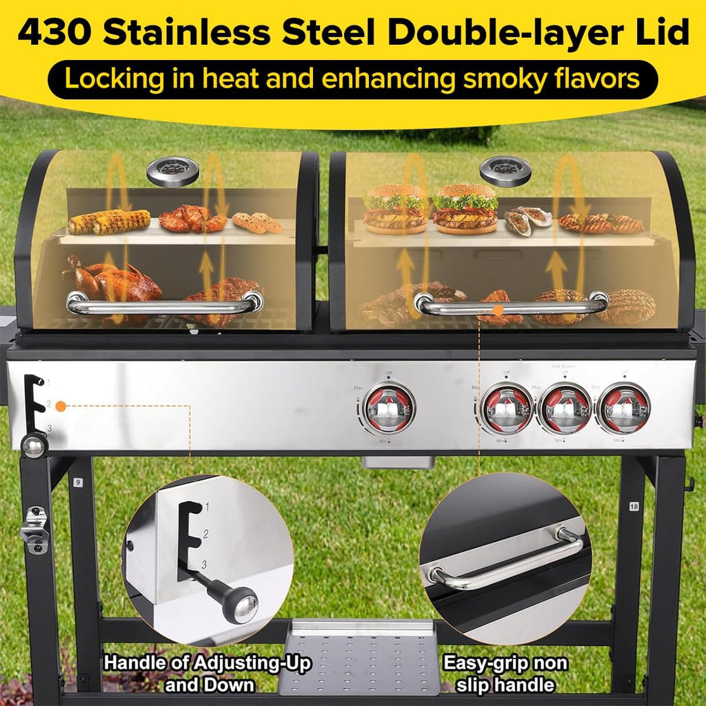 CIG GARDEN 3-Burner Dual Fuel Gas and Charcoal Combo Grill with Side Burner, 41,500 BTU Outdoor Barbecue, Cast Iron Grates - Perfect for Patio, Balcony, Backyard & Camping