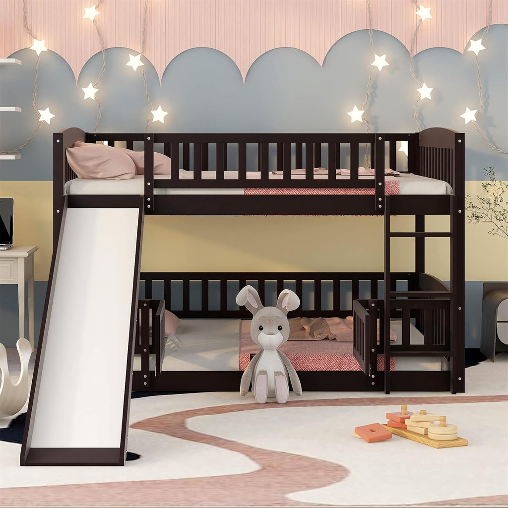 Bellemave Full Over Full Low Bunk Bed with Slide and Fence Railings Wood Floor Bunk Beds with Ladder for Kids Boys Girls Teens, Espresso