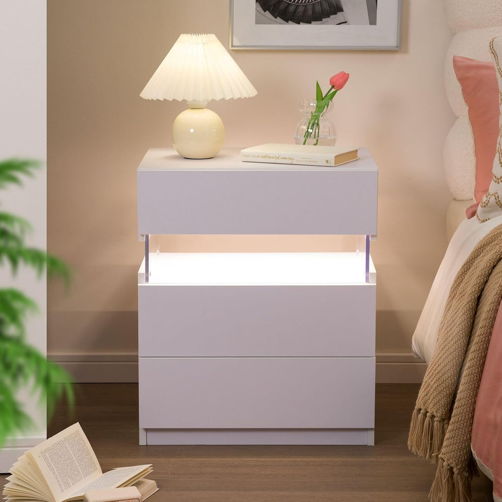 i-aplus White LED Nightstand Set of 2,Night Stand Set 2,Modern Night Stand with 3 Drawers,Night Stands for Bedroom Set of 2,Bedside Table Suitable for Small Spaces and Indoor use Capabilities