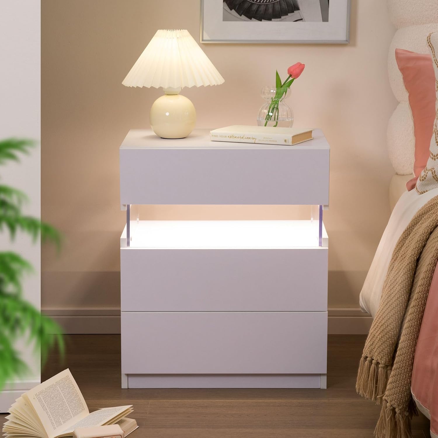 i-aplus White LED Nightstand Set of 2,Night Stand Set 2,Modern Night Stand with 3 Drawers,Night Stands for Bedroom Set of 2,Bedside Table Suitable for Small Spaces and Indoor use Capabilities