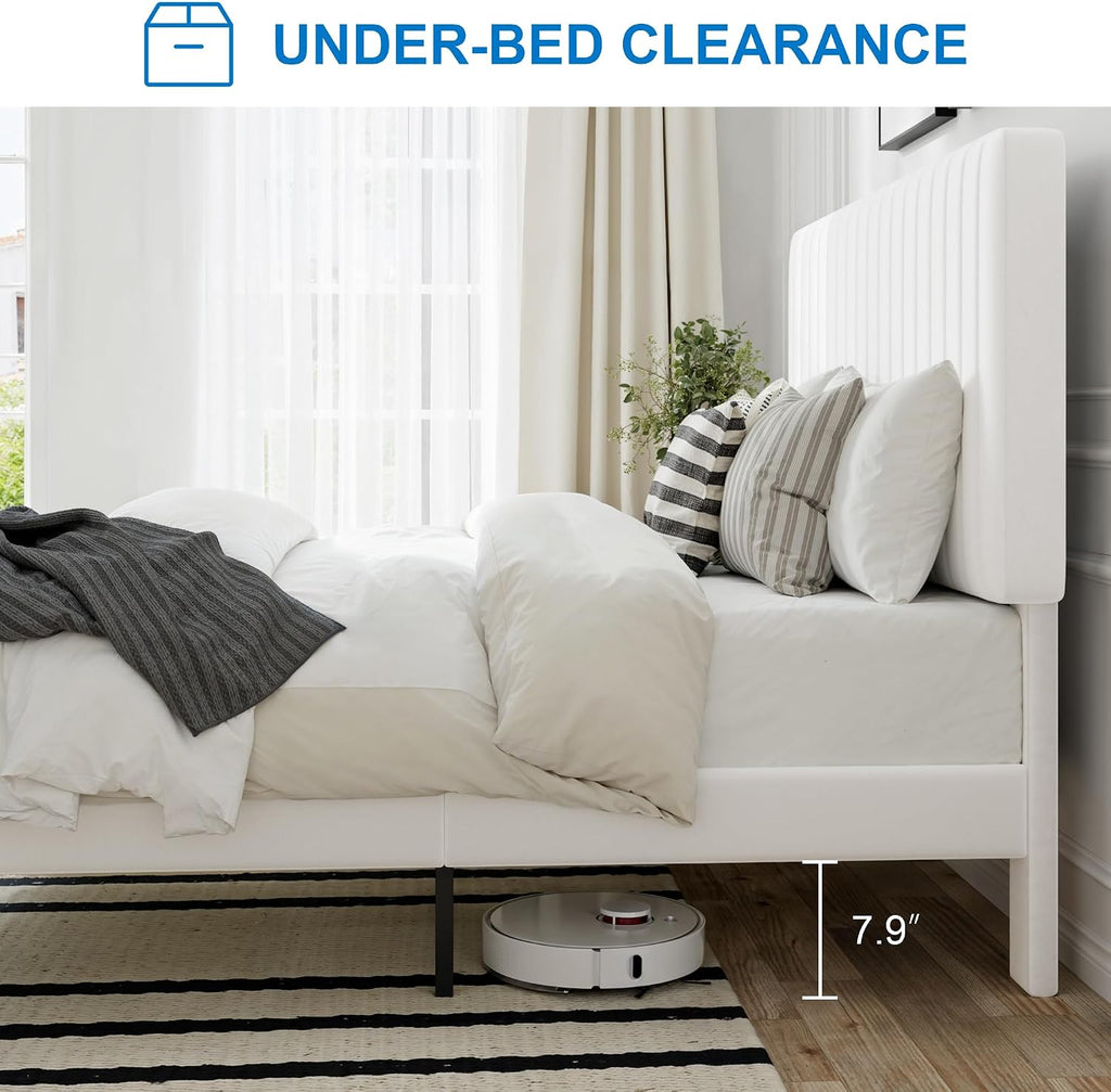 GOLDORO Full Size Bed Frame with Adjustable Headboard, Velvet Upholstered Platform Bed, Vertical Channel Tufted Design, Wooden Slat Support, No Box Spring Needed, Easy Assembly, White