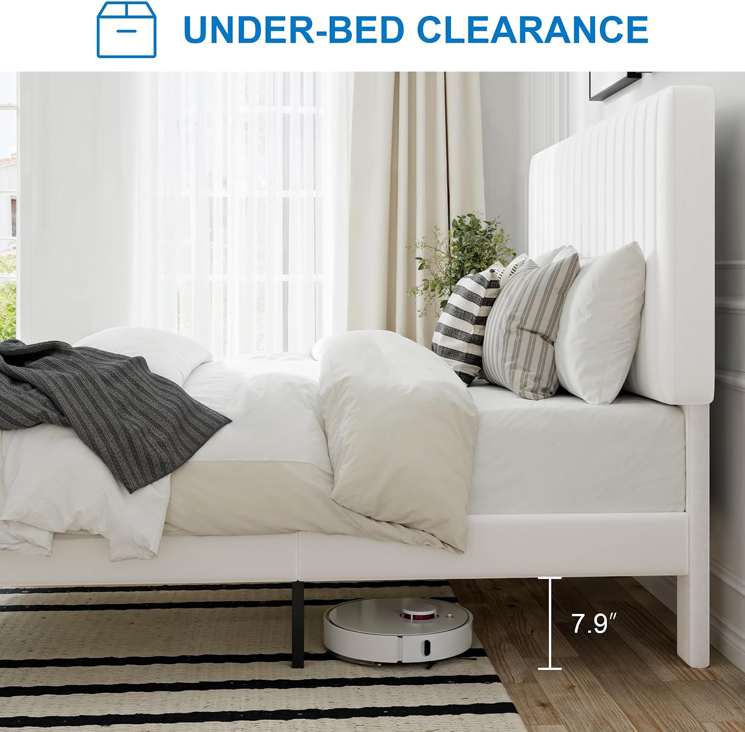 GOLDORO Full Size Bed Frame with Adjustable Headboard, Velvet Upholstered Platform Bed, Vertical Channel Tufted Design, Wooden Slat Support, No Box Spring Needed, Easy Assembly, White