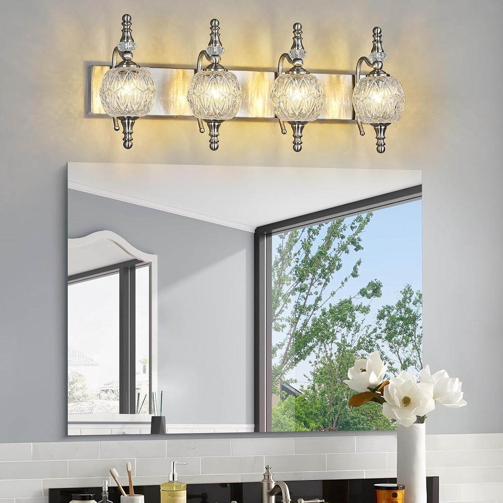 Modern Crystal Bathroom Vanity Lights Fixtures Over Mirror Brushed Nickel Vintage 4-Lights 28 Inch Bathroom Light Fixtures Glass Crystal Vanity Lights