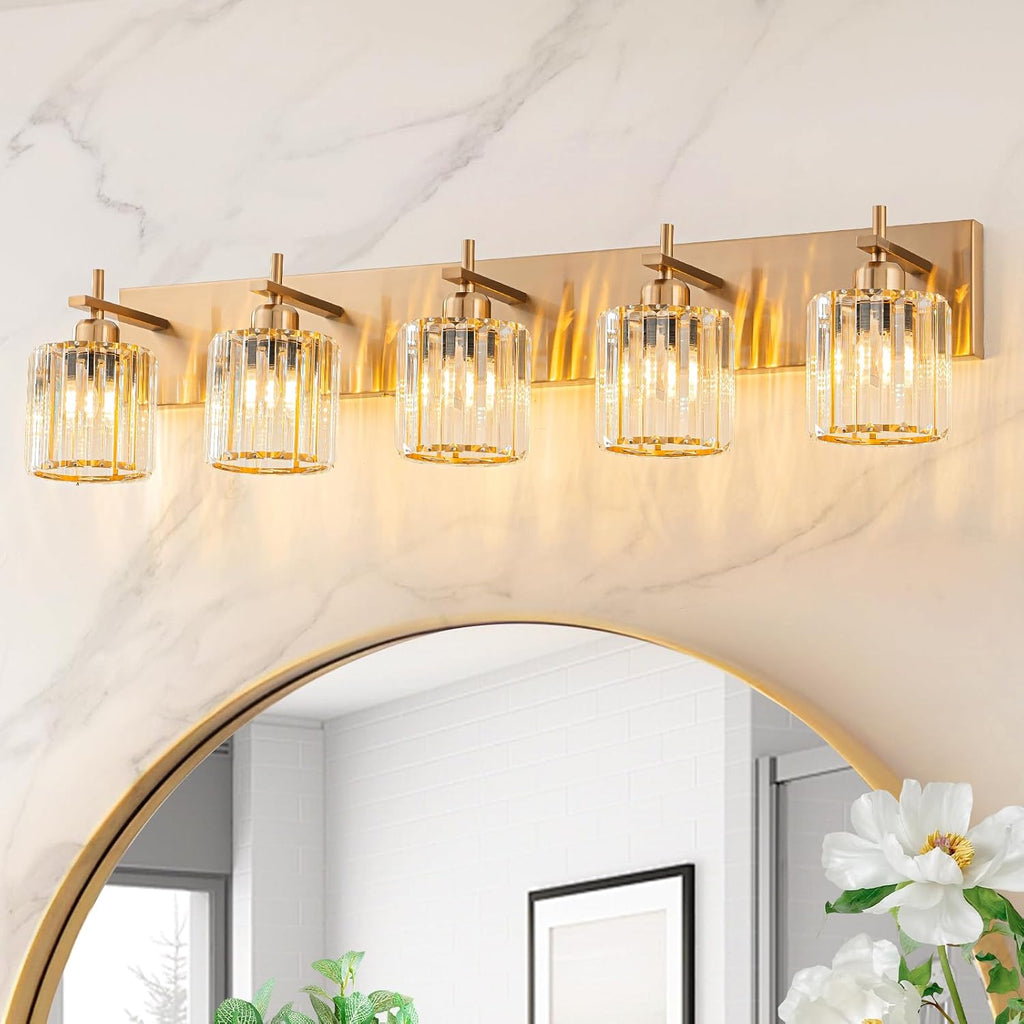 Modern Crystal Bathroom Vanity Lights, Gold 5-Lights Bathroom Light Fixtures Over Mirror, Crystal Wall Lighting with Polished Brass Finish