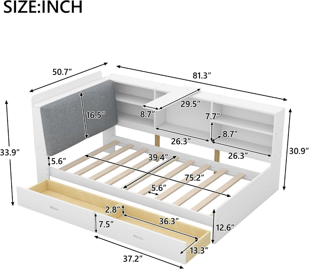 Bellemave Twin Corner Bed Frame, Captains Bedframe, Wood Twin Size Daybed with L-Shaped Bookcase and 2 Drawers，Twin Daybeds with Storage Cabinets, White