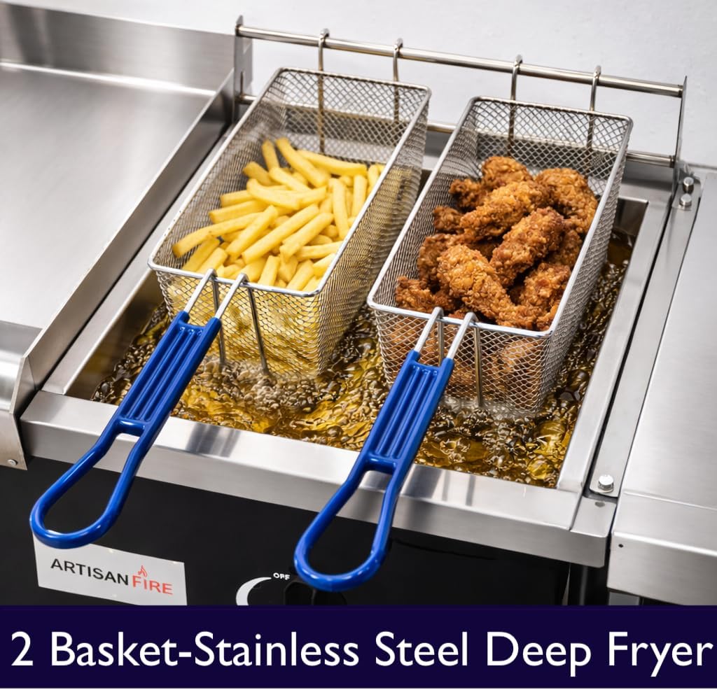 Stainless Steel Propane Deep Fryer and Griddle Grill-4 in 1-Deep Fryer-Steamers Food Warmers-Ideal for Burger Grill, Fries, and Chicken Wings Station-Taco Cart-With Hose & Regulator + Thermometer
