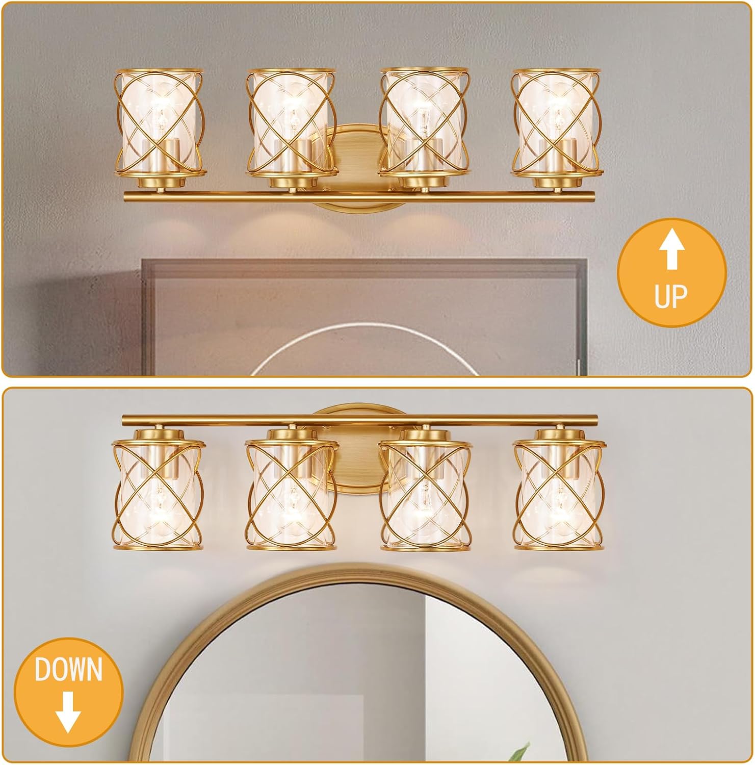 4-Lights Bathroom Light Fixtures, Brushed Gold Modern Vanity Light Over Mirror, Bathroom Wall Lamp for Mirror Kitchen Living Room Hallway Porch, Farmhouse Wall Lights with Clear Glass Cage Shade
