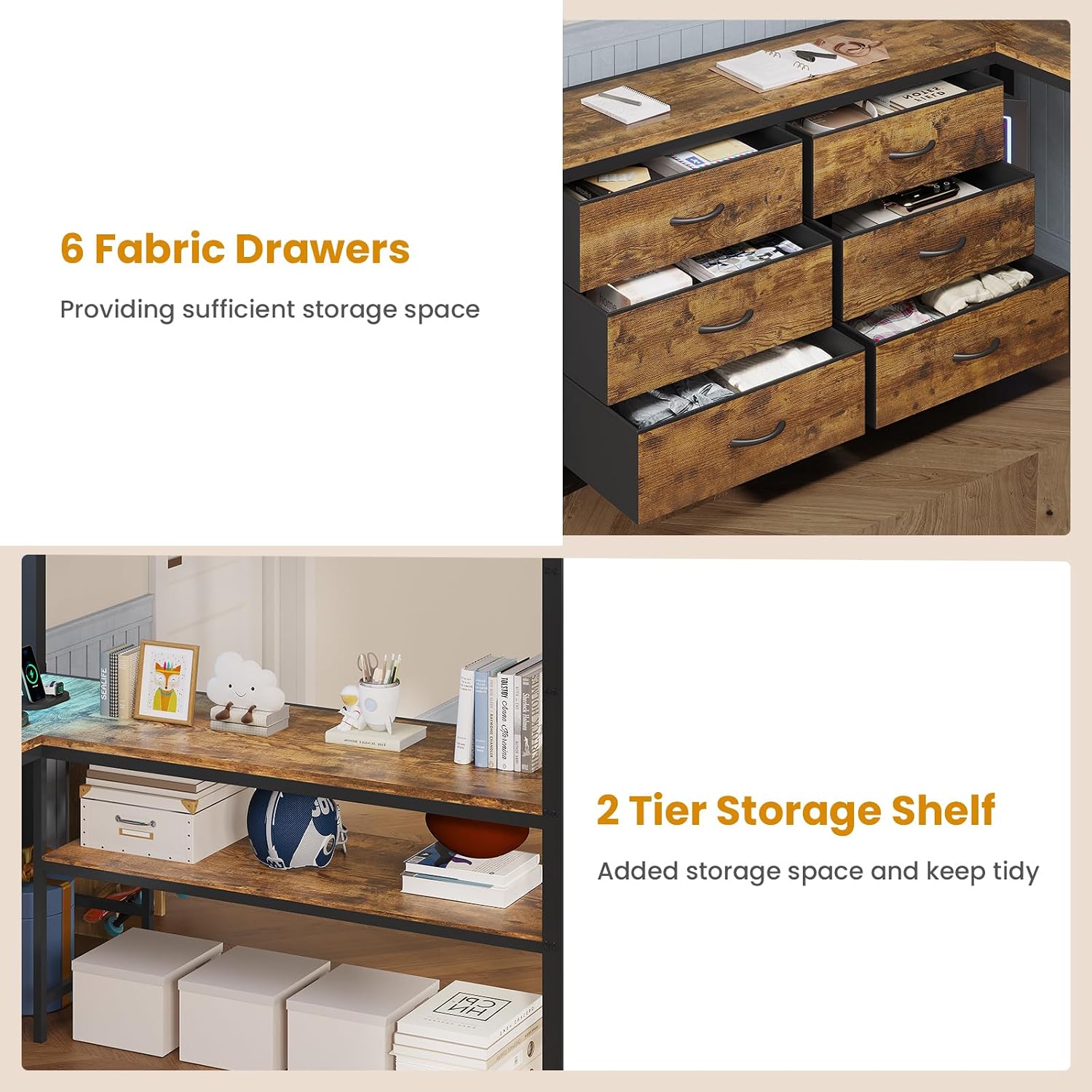 ADORNEVE Loft Bed Full Size with U-Shaped Desk, 6 Storage Drawers, Power Outlet, LED Metal Loft Bed with 2 Storage Shelves, Bed with Safety Guardrail & Ladders, No Box Spring Needed, Rustic Brown