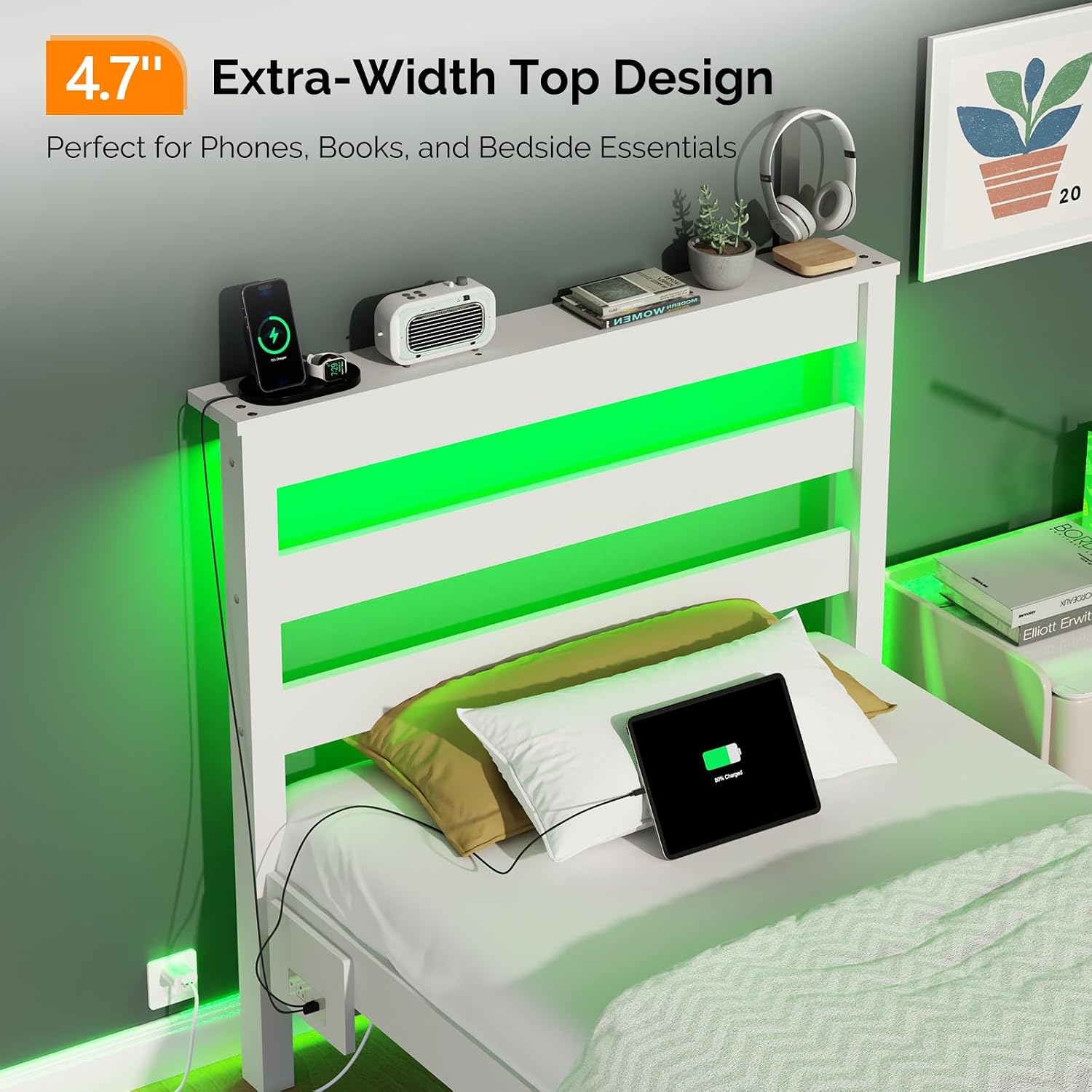 Bonnlo Solid Wood Twin Bed Frames with Headboard Shelf Storage,LED Lights,Charging Station, Platform Bed with Drawer,Easy Assembly,White