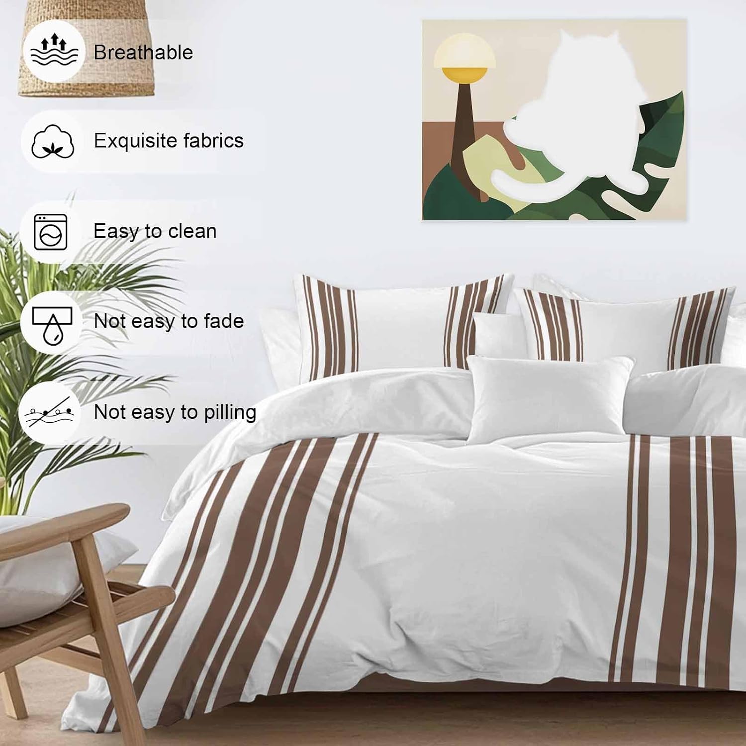 Dark Brown and White Striped Duvet Cover Set Queen Size 4 Pieces Modern Minimalist Vertical Lines Bedding Set with Zipper Closure, 1 Comforter Cover 86x86 Inches 1 Flat Sheet & 2 Pillow Cases
