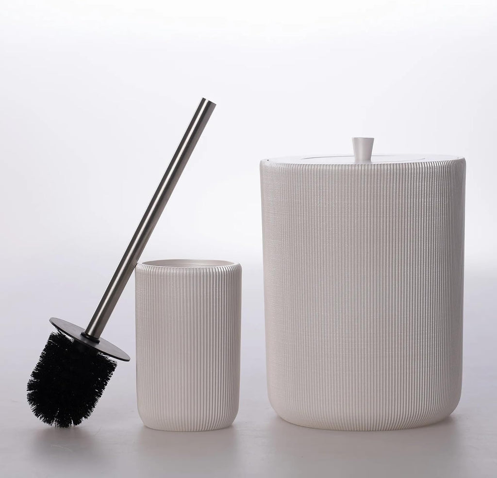 Lydia Collection 5-Piece Resin Bathroom Accessories Set – Toilet Brush Holder, Waste Bin, Soap Dispenser, Tray & Toothbrush Holder (Pearl)