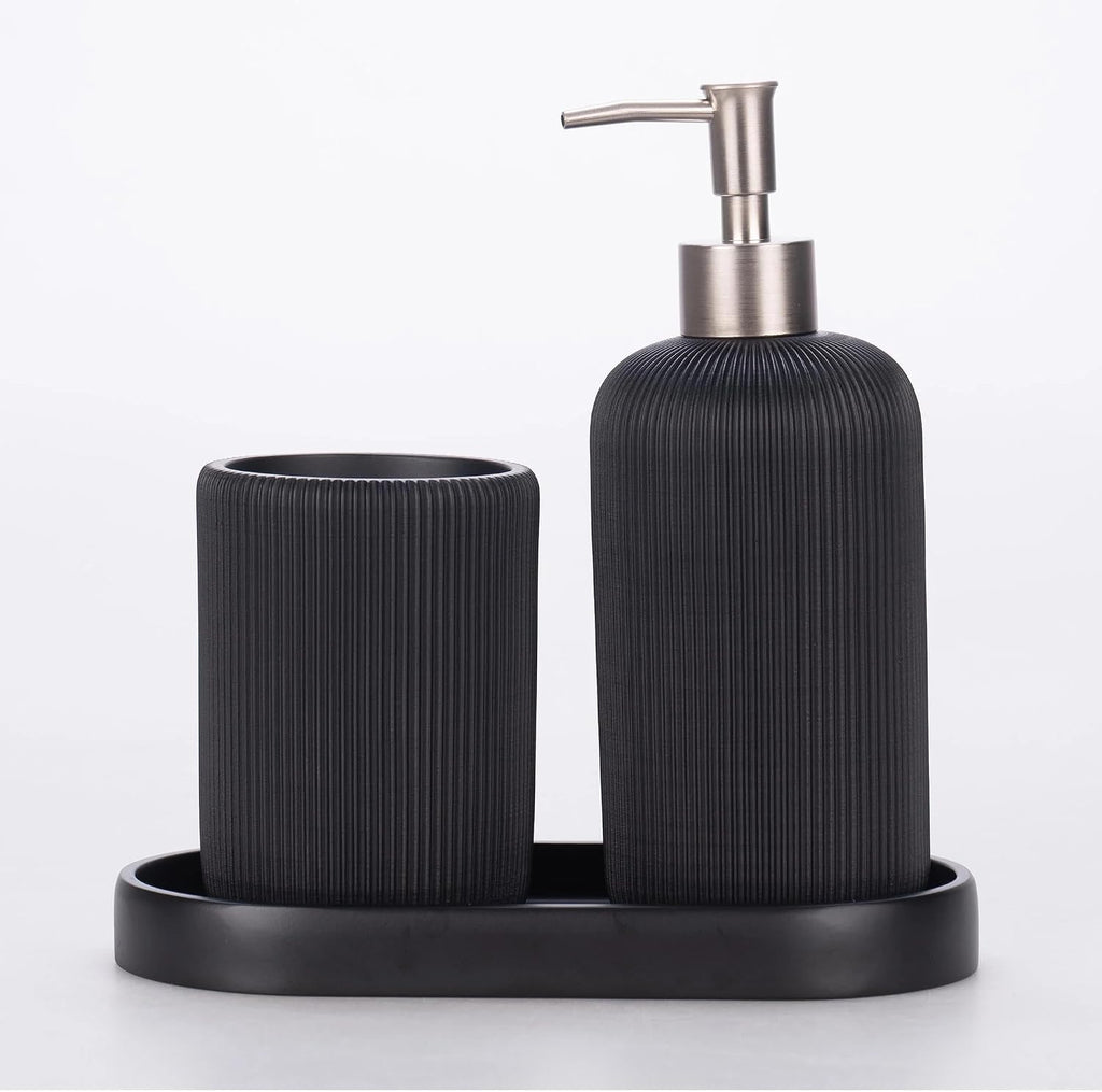 Lydia Collection 5-Piece Resin Bathroom Accessories Set – Toilet Brush Holder, Waste Bin, Soap Dispenser, Tray & Toothbrush Holder (Black)