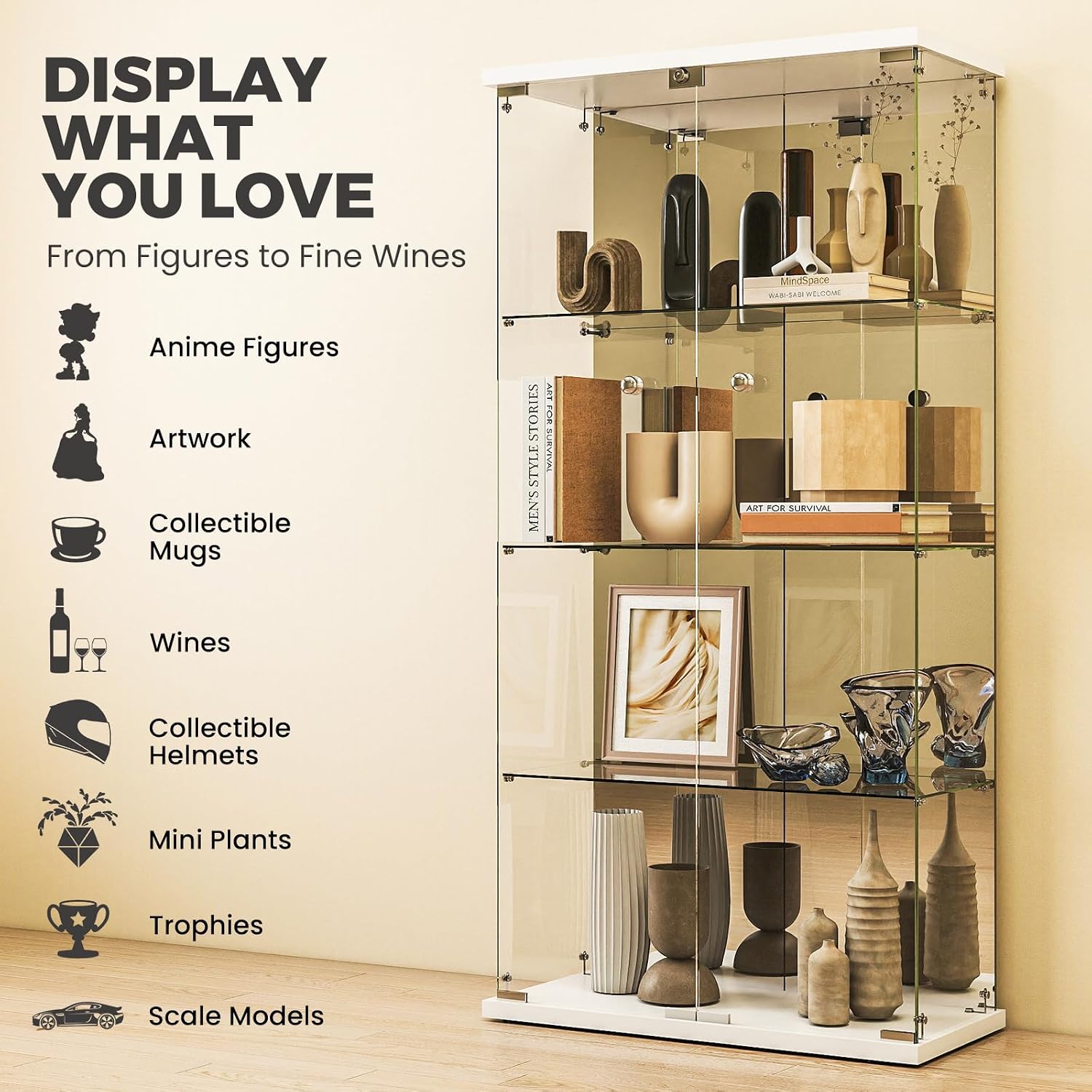 Mirrored Glass Display Cabinet with Lock, 4-Shelf Tempered Glass Curio Cabinet with 2 Doors, Collectible Display Showcase for Living Room, Bedroom – White