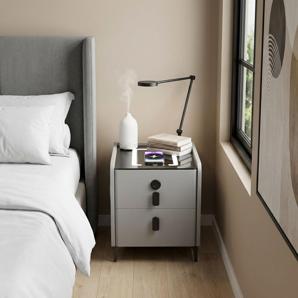 Night Stand Set 2, Grey Nightstand with Charging Station & Hutch, Night Stands for Bedrooms Set of 2, Bedside Table with Drawers and Bluetooth Speaker