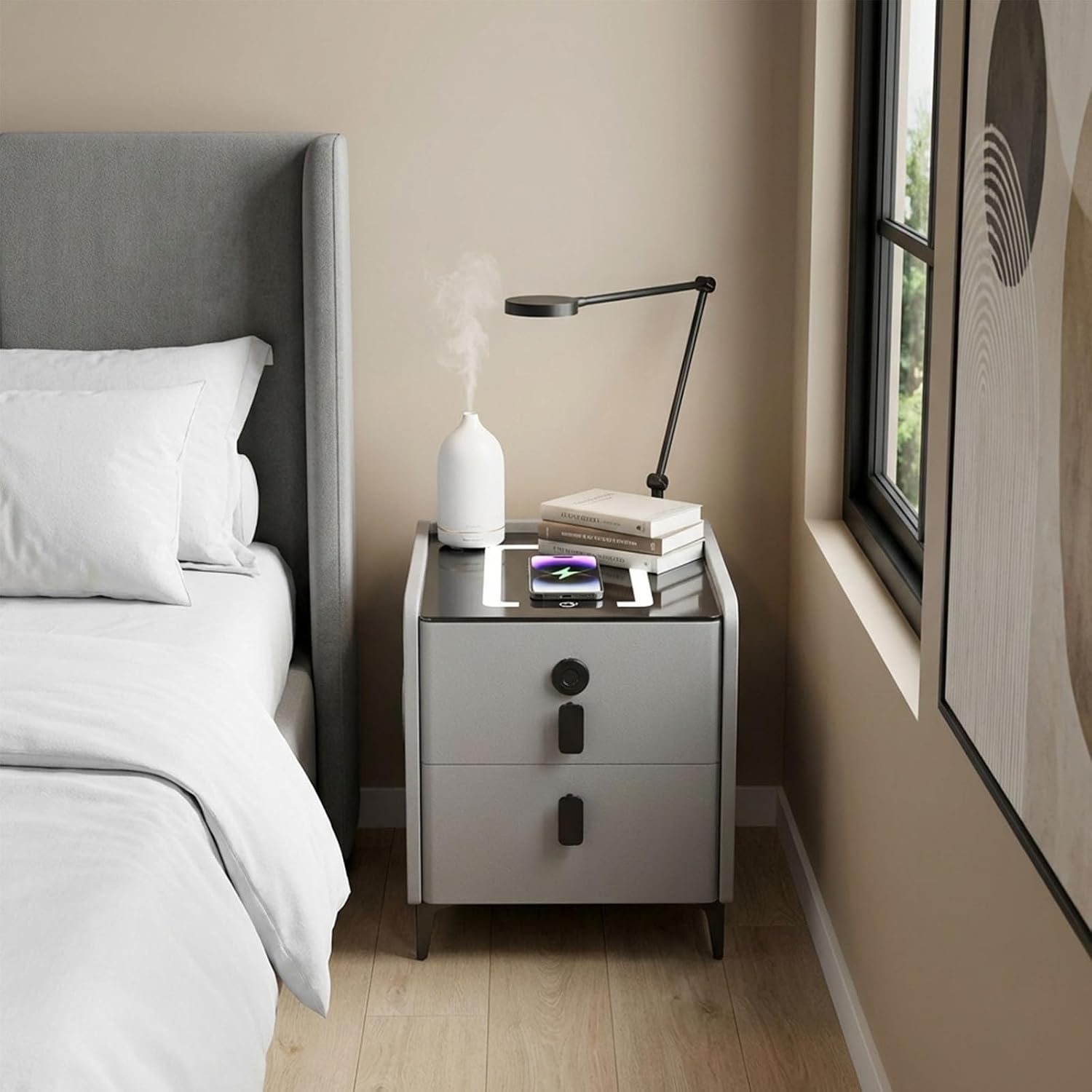 Night Stand Set 2, Grey Nightstand with Charging Station & Hutch, Night Stands for Bedrooms Set of 2, Bedside Table with Drawers and Bluetooth Speaker