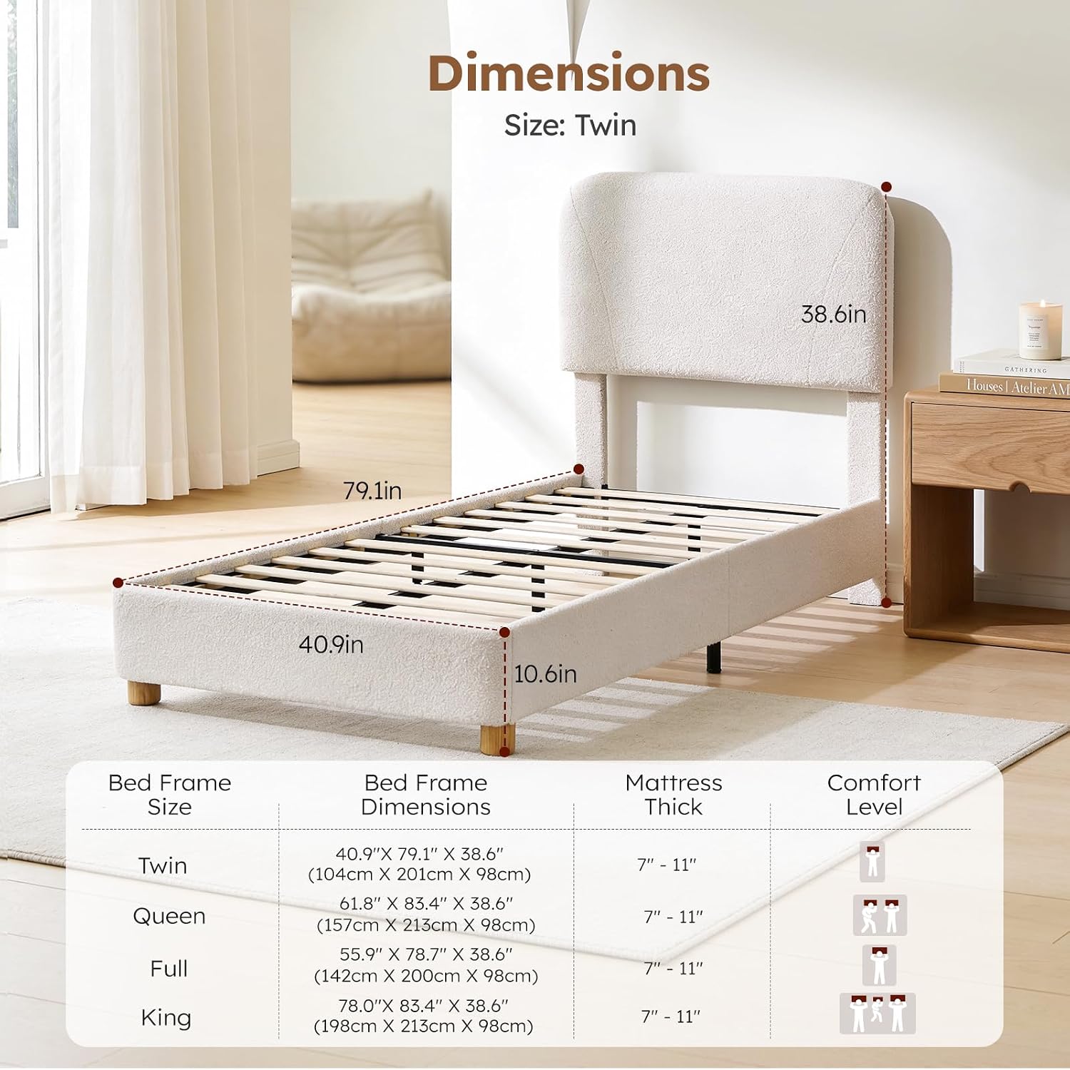 Cloud Bed Frame, Soft Boucle Bed Frame with Adjustable Headboard, Solid Wood Legs, Rounded Corners Design & Easy Assembly – Modern Platform Bed, Twin Cream