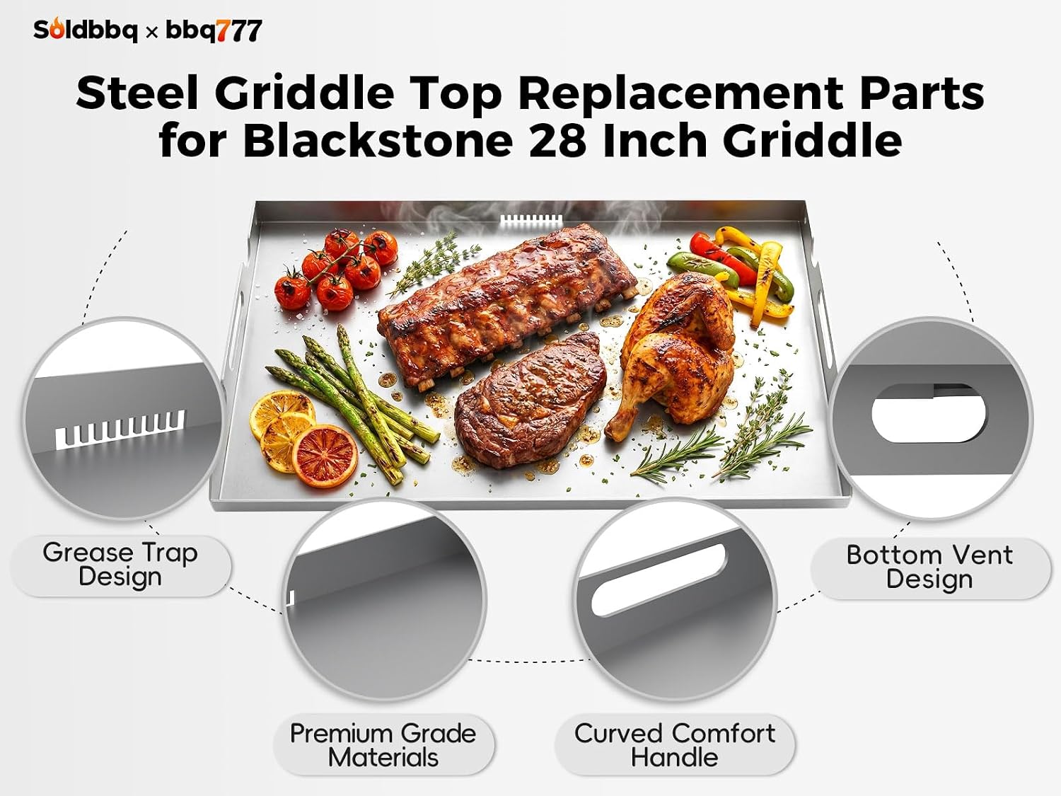 Upgrade Flat Top Griddle Replacement Top for Blackstone 28' Griddles 1517 1803 1924 1883, Steel Griddle Top Replacement for 28 Inch Blackstone with Rear Grease System & Handy Handle