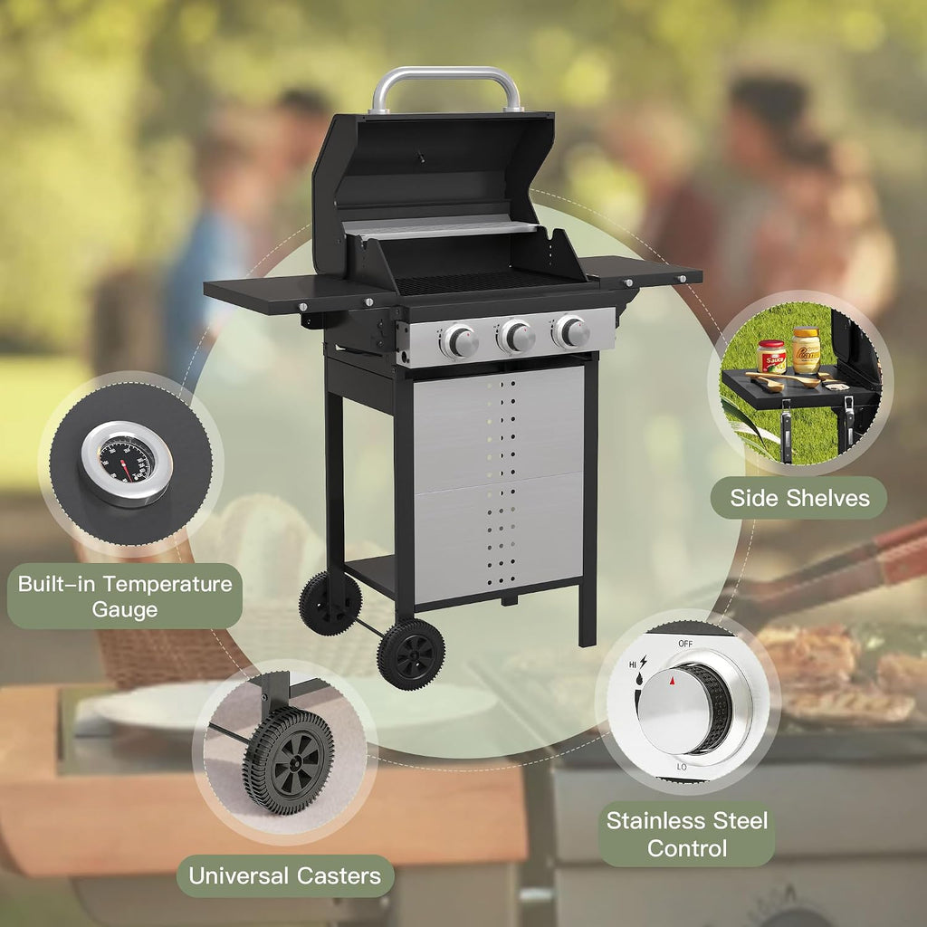 3 Burners Propane Gas Grill, Stainless Steel BBQ Grill with Porcelain-Enameled Cast Iron Grates, 28,500 BTU Outdoor Patio Barbeque Grill with 2 Foldable Side Tables for Party, Camping, Backyard