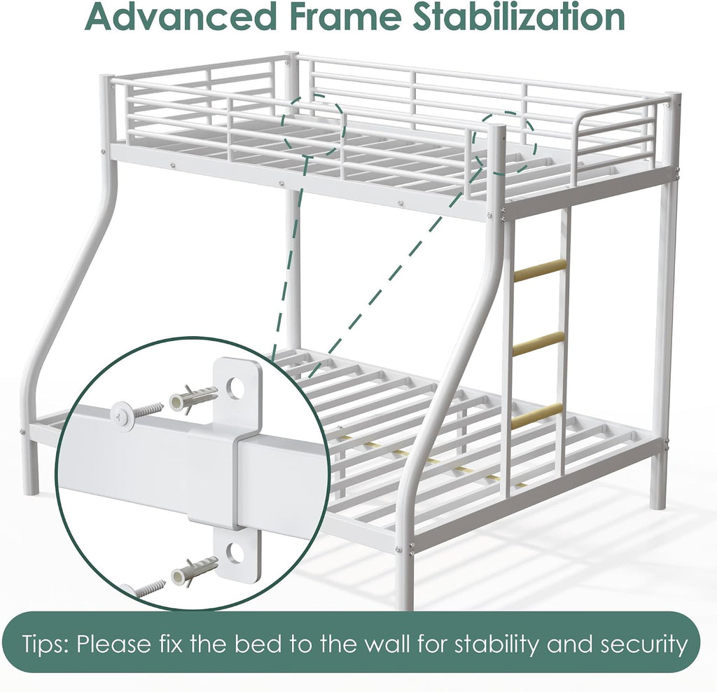 Bunk Beds Twin XL Over Queen, Heavy Duty Bunk Beds with Bottom Space & Guardrail Metal Bunk Bed Frame for Adults Teens Dorm Bedroom Guest Room, No Box Spring Needed（White）