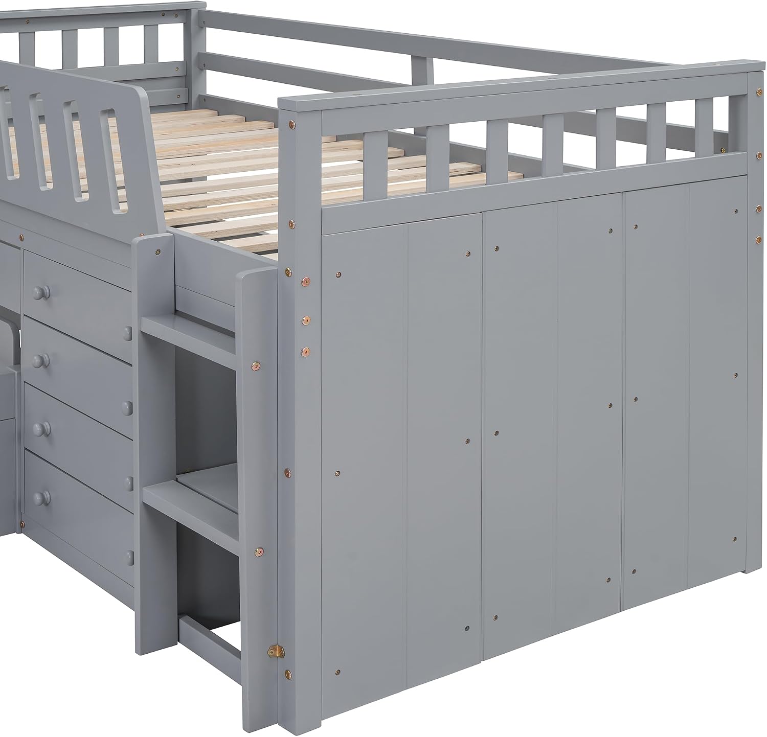 L-shaped Twin Low Loft Bed with Twin Platform Bed, Solid Wood Kids Beds Frame with 7 Drawers and Full Guardrails for Boys Girls, 2 Beds in 1 Design (Gray-L2B)