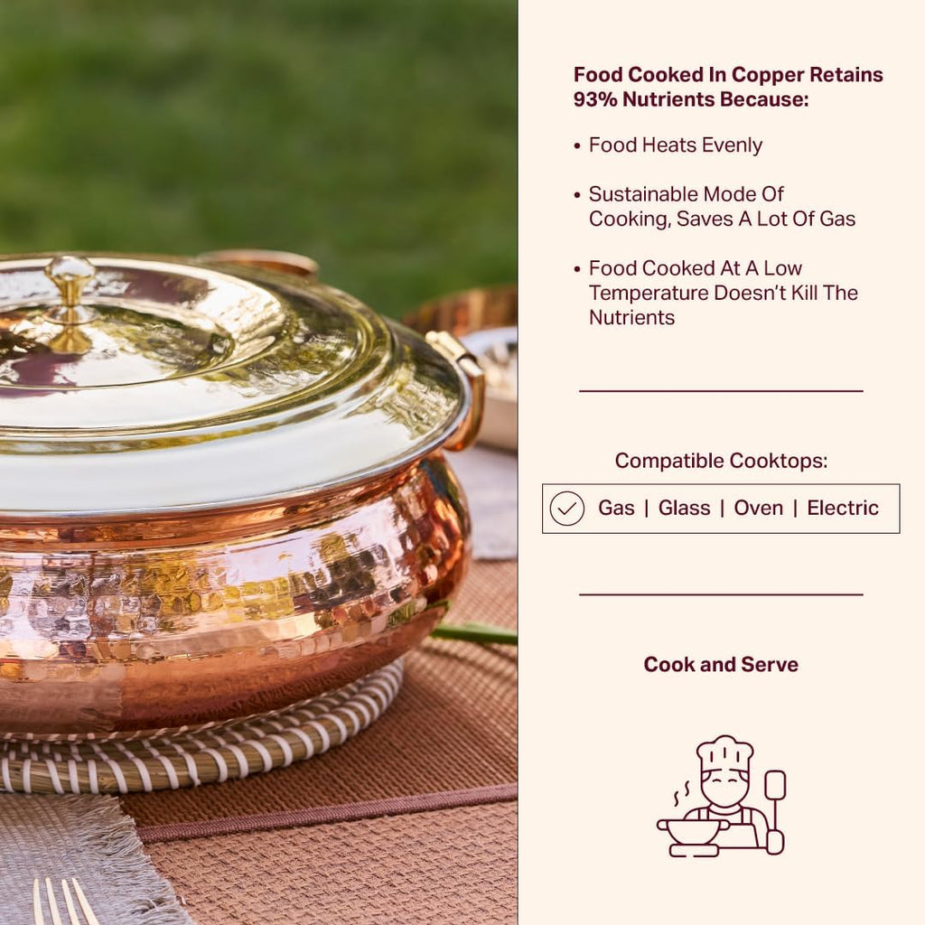 P•TAL Copper Hammered Lagaan 10L | Tin Coated with Brass Lid | 100% Pure Copper Degchi for Cooking Biryani Handi Ptal Brass Utensils for Kitchen