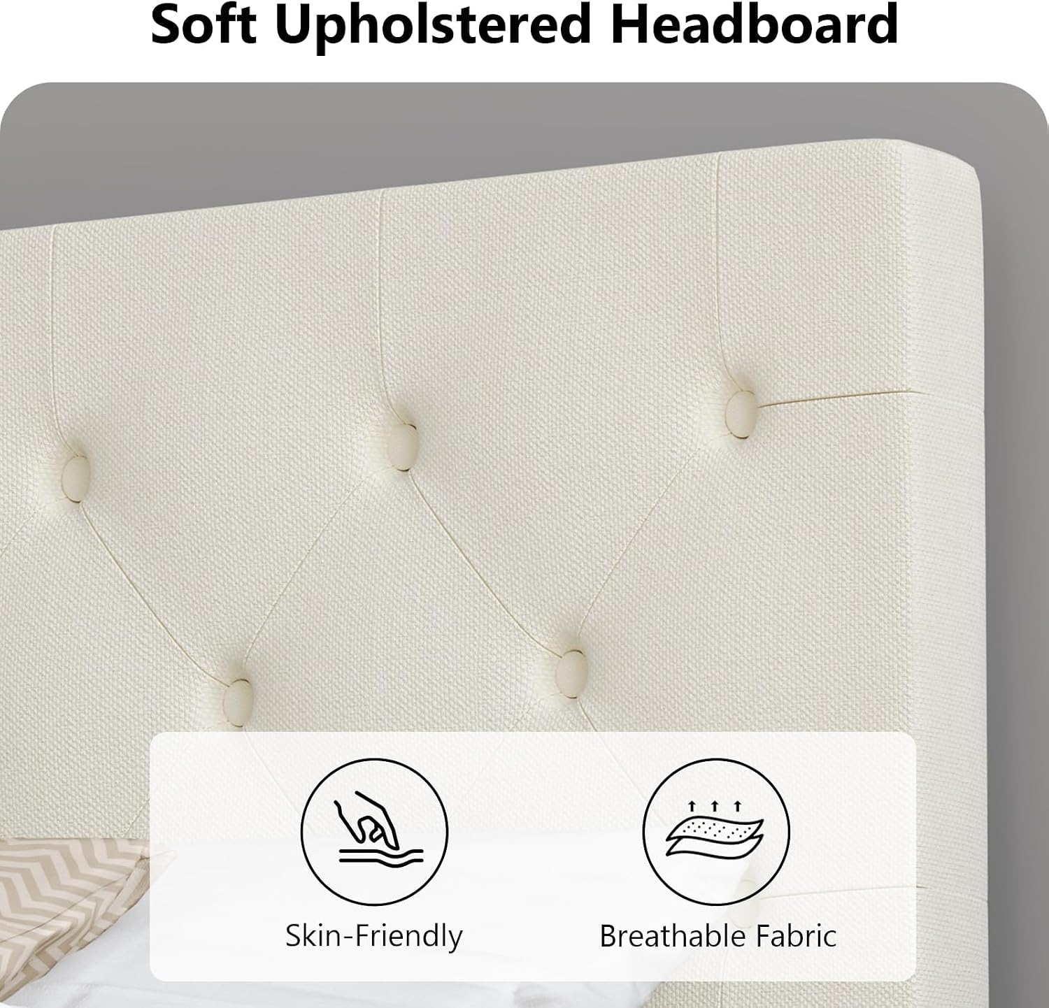 HOMBCK Queen Bed Frame, Linen Fabric Upholstered Platform Bed Frame, Button Tufted Bed Frame Queen Size, Wooden Slat Support, No Box Spring Needed, Easy Assembly, Cream