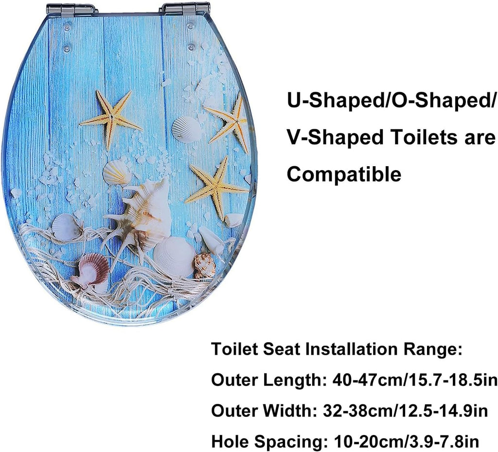 Resin Toilet Seat, Round Seats with Ocean Design, Soft Close and Quick Release Hinges, for Bathroom, Home, and Guest Restroom(Blue7)