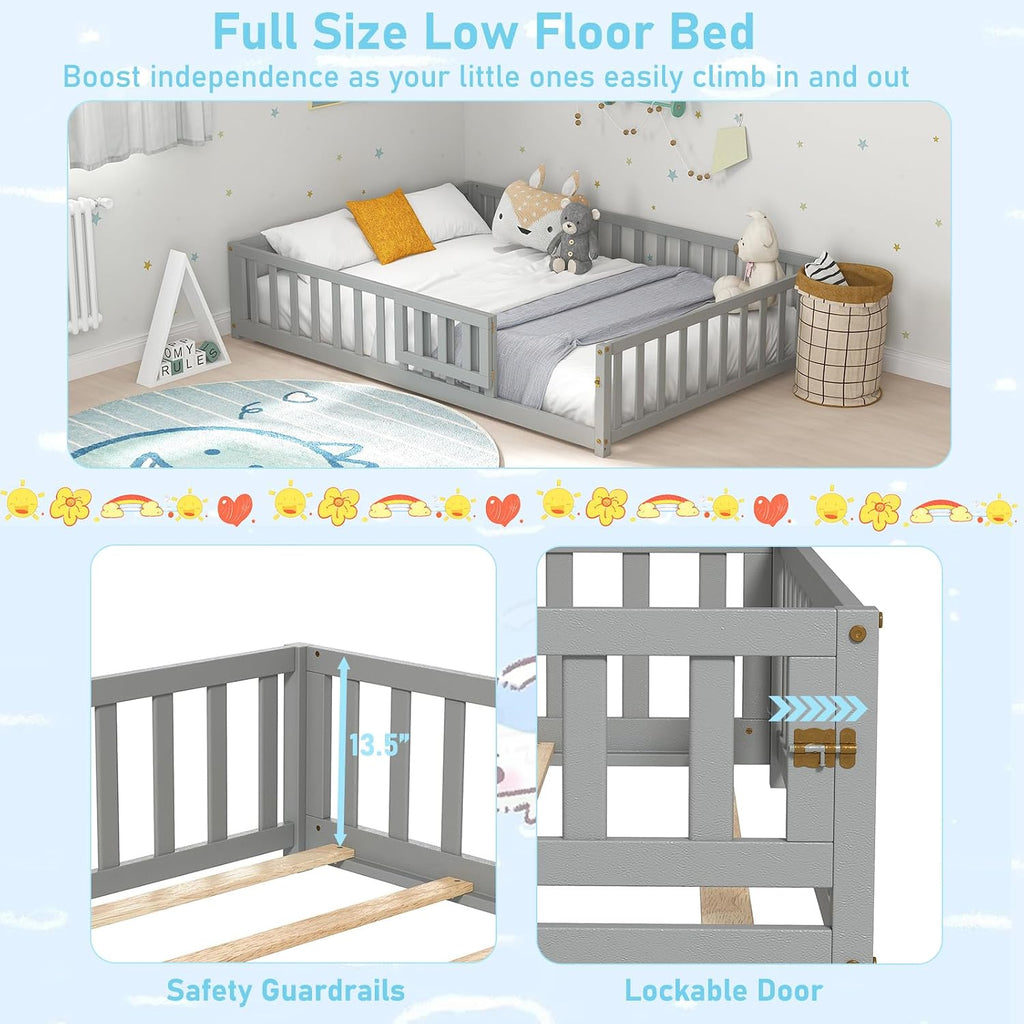 KOMFOTT Full Size Wood Floor Bed with Door & Fence, Montessori Bed Frame with Full Length Safety Guardrails, Slats Support, Door & Latch, Wooden Montessori Floor Bed, No Box Spring Needed (Grey)