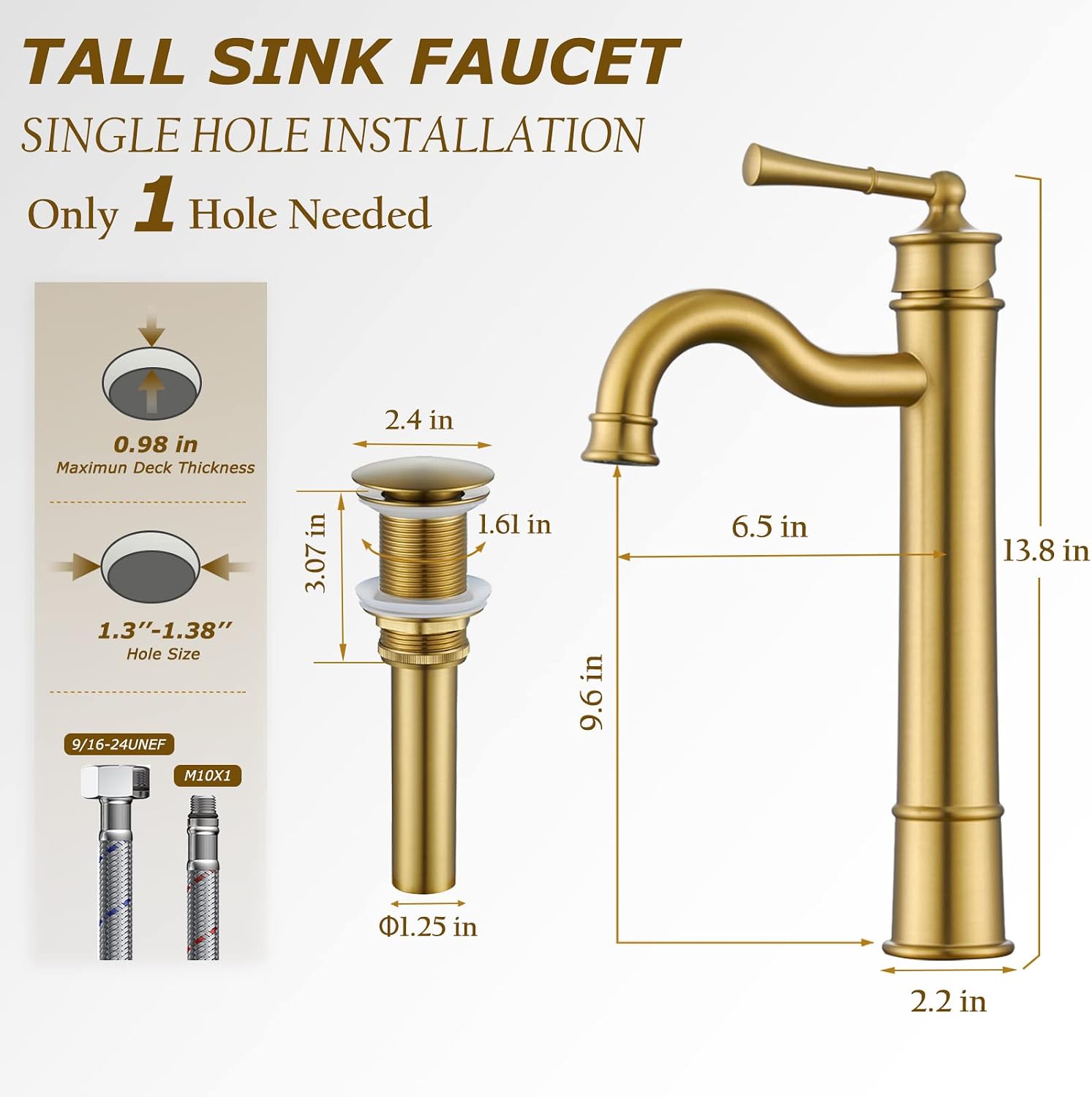 Vessel Sink Faucet Brushed Gold Bathroom Tall Faucet Single Hole Deck-Mount Pop up Drain Assembly Without Overflow Water Supply Lines Included