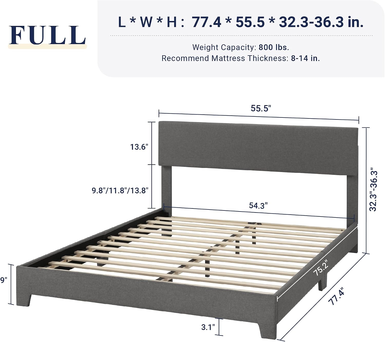 Allewie Full Size Bed Frame with Adjustable Headboard, Upholstered Platform Bed with Wood Slats, Heavy Duty Mattress Foundation, No Box Spring Needed, Noise-Free, Easy Assembly, Dark Grey