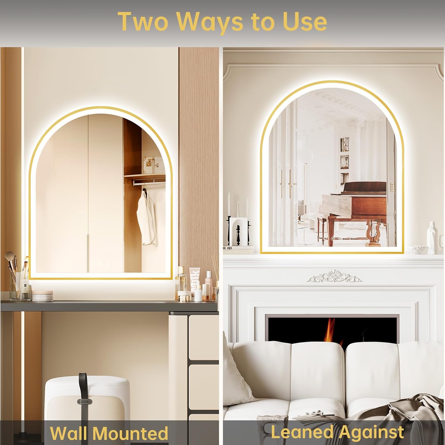 30'x36' Arched LED Mirror for Bathroom, Brushed Gold Lighted Bathroom Mirror with Lights, Fogless, Dimmable, Shatterproof, Touch Sensor, 3 Color Changing