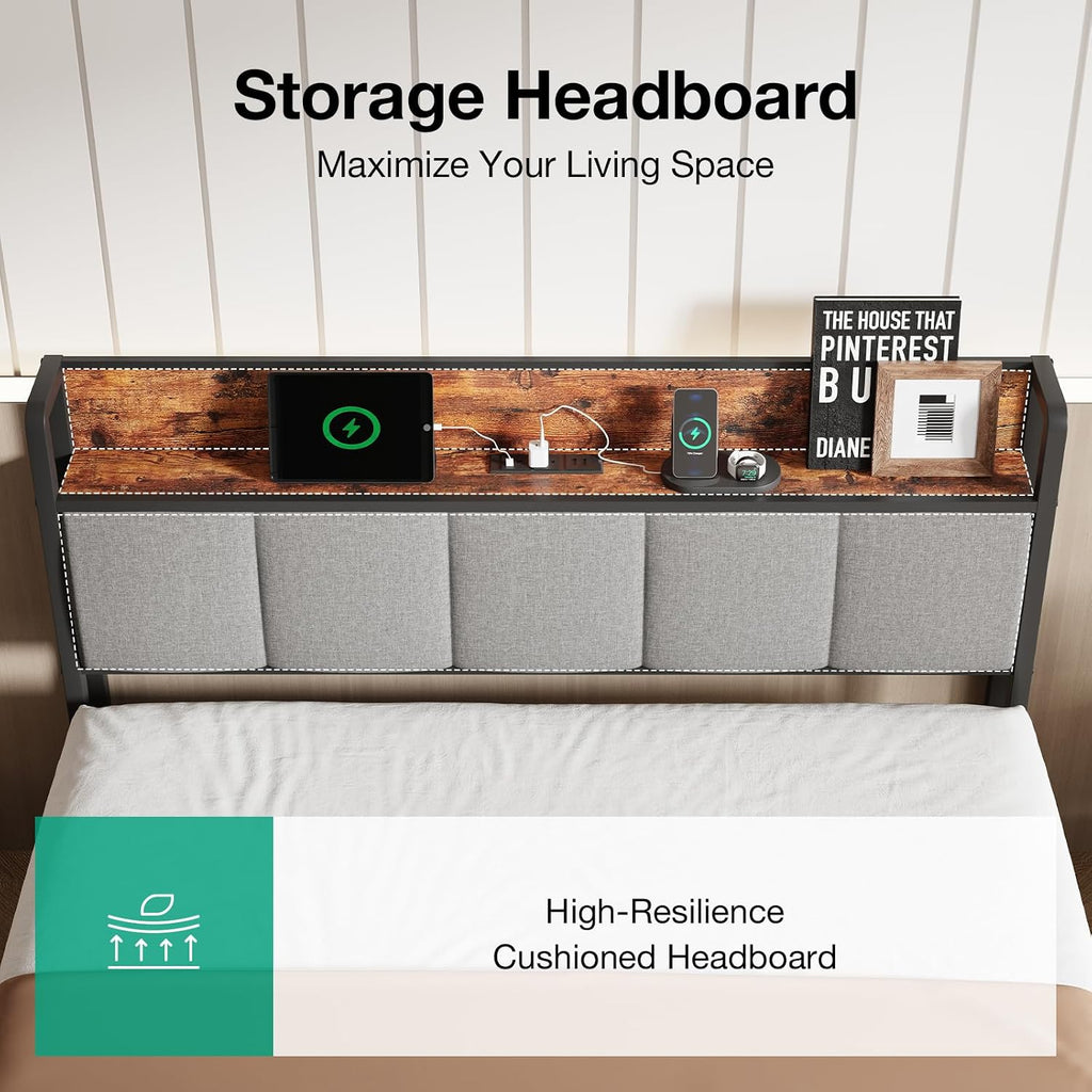 Novilla Full Size Bed Frame with Charging Station USB/Type-C & Storage Headboard, Modern Metal Platform Bed Frame, Easy Assembly, Heavy Duty Slats Support, Noise Free, No Box Spring Needed