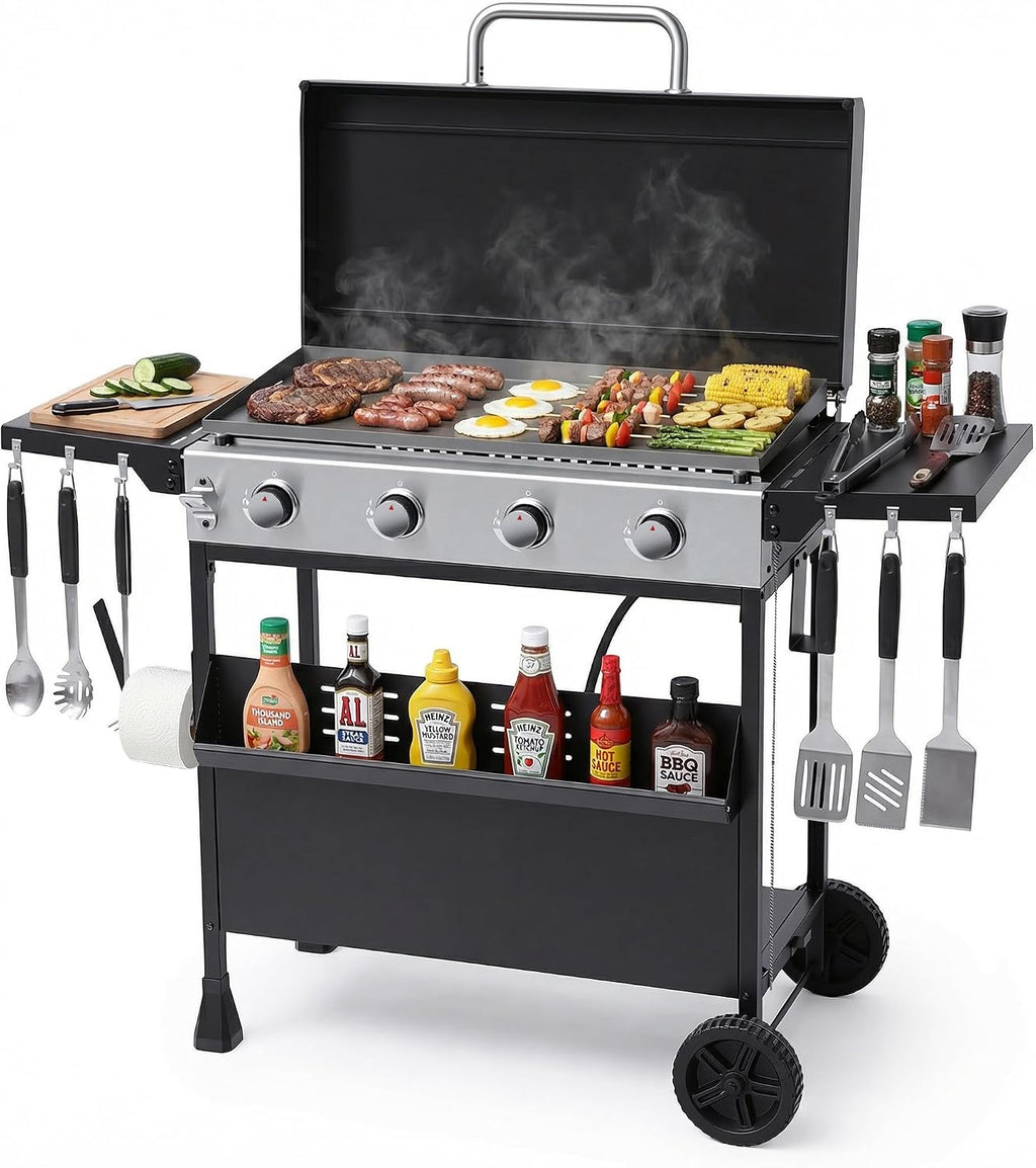 MAGIC UNION 4-Burner Heavy Duty Rolling Flat Top Propane Gas Griddle, Portable Griddle on Cart with Hood & Foldable Side Shelves, 32000 BTU 455 sq.in, for Outdoor Cooking, Camping & Tailgating