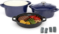 NATIVO 5 pc Stackable Cast Iron Cookware Set, Versatile Enamel Dutch Oven, Seasoned Grill Pan & Enamel Braiser with Precision Pour Spouts, Universal Lid, Included Spacers/Handle Holders, Midnight Blue