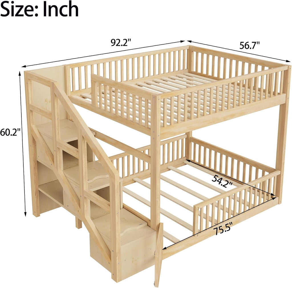Full Over Full Floor Bunk Bed with Storage Ladder and Guardrails,for Kids Teens Adults (Natural#FF, Full Over Full)