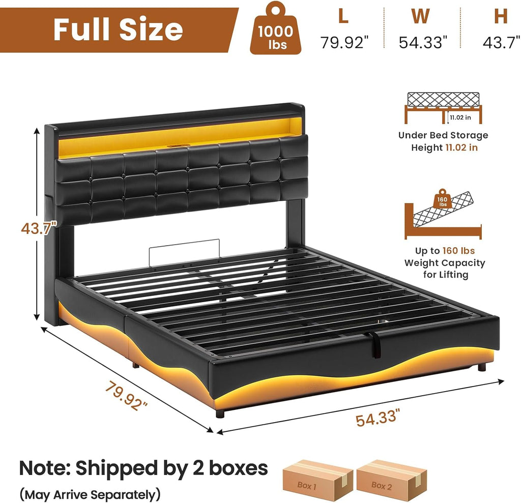 ADORNEVE Lift Up Storage Full Size Bed Frame with Type-C Charging Station& Hidden Storage Headboard, LED Lights Upholstered Platform Bed,Full Bed with Hydraulic, No Box Spring Needed,Black